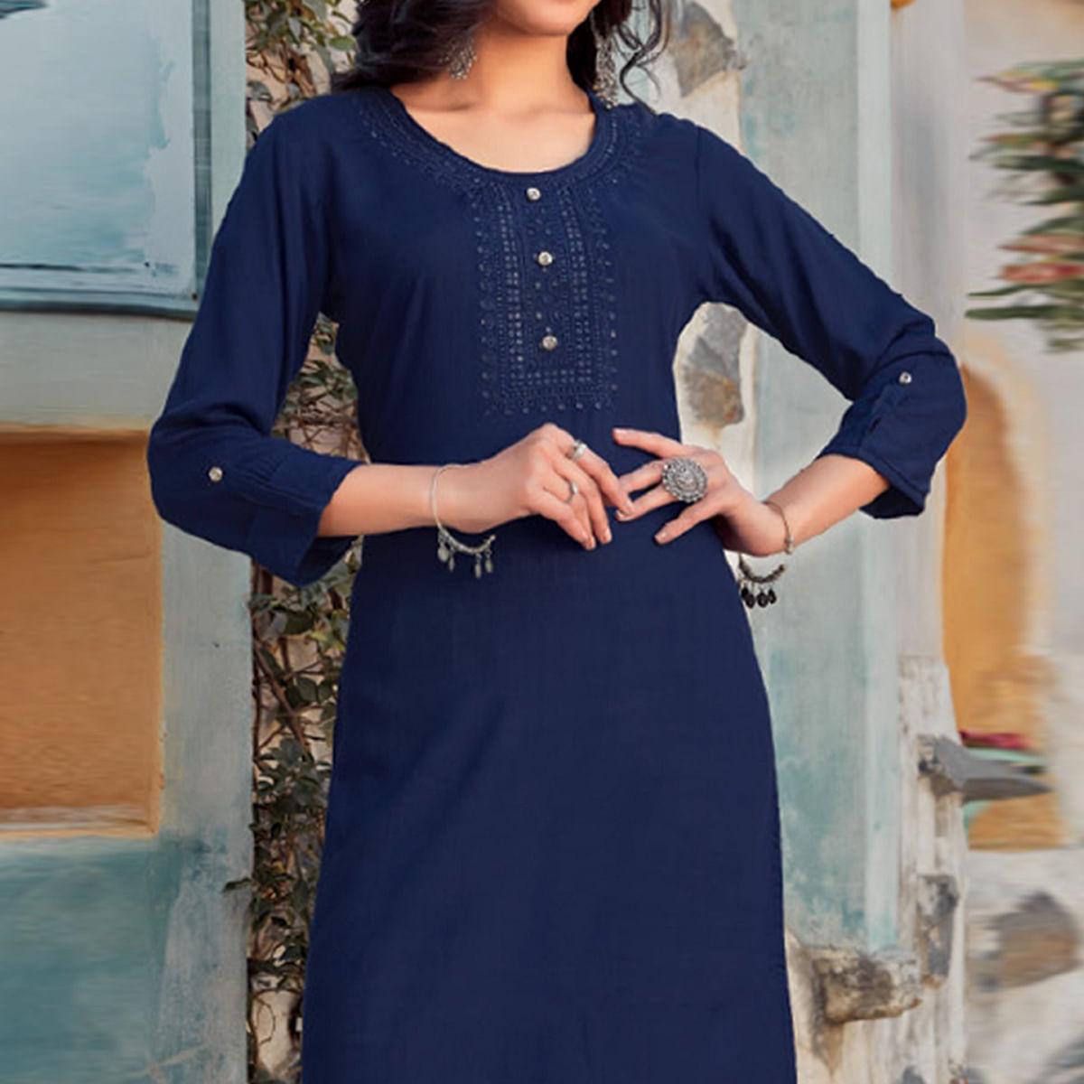 Navy Blue Sequence Embroidered Pure Cotton Kurti - Peachmode