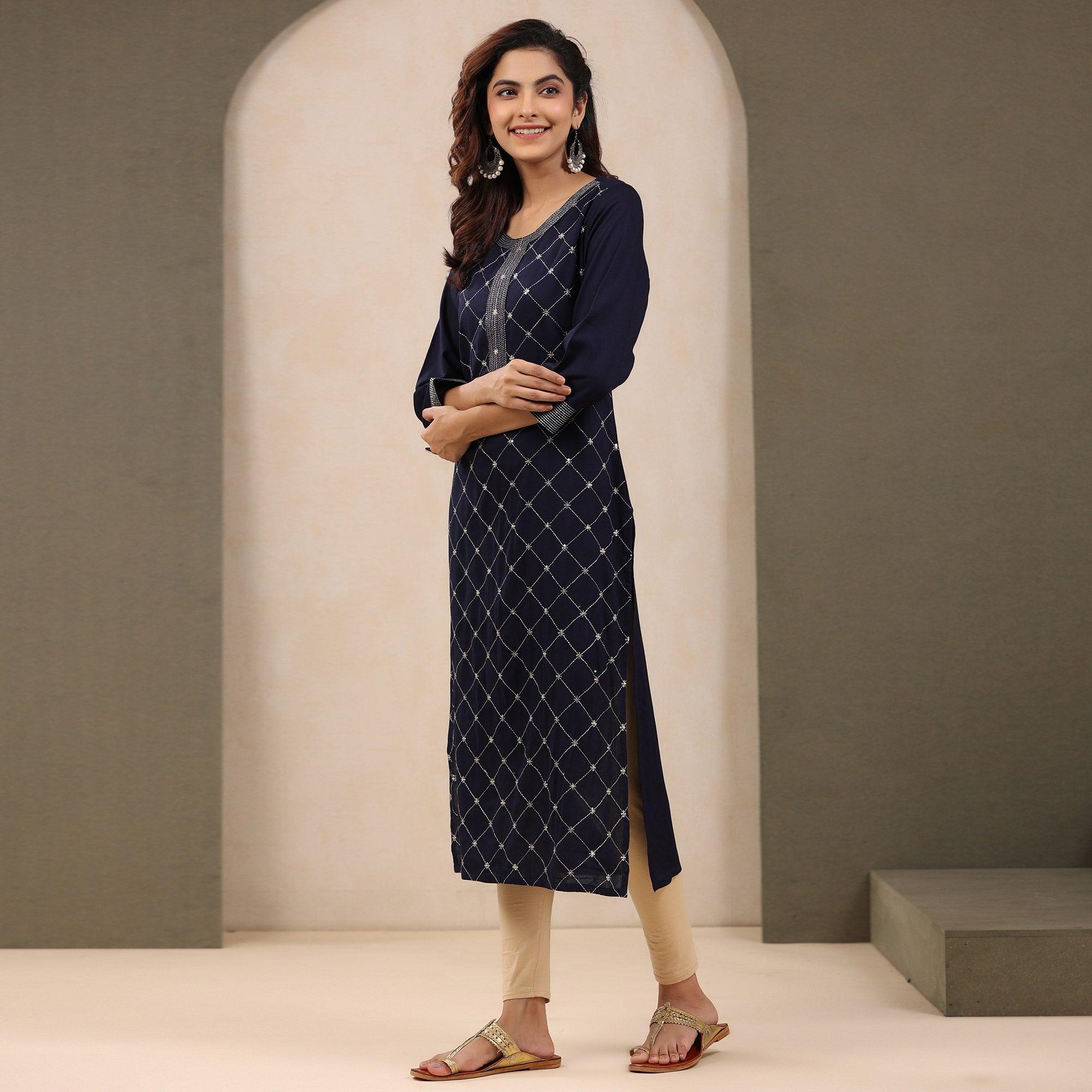 Navy Blue Sequence Embroidered Pure Cotton Kurti - Peachmode