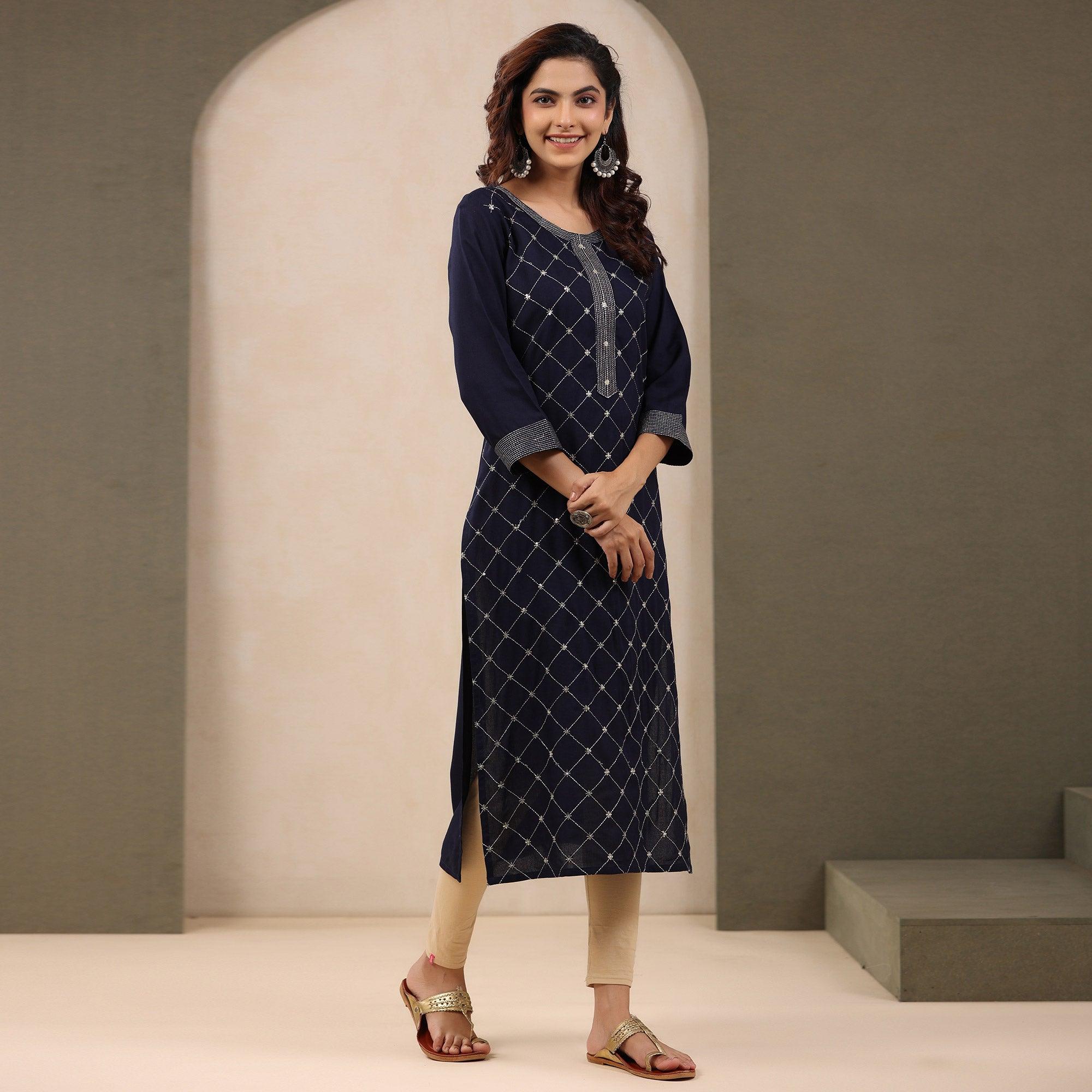 Navy Blue Sequence Embroidered Pure Cotton Kurti - Peachmode