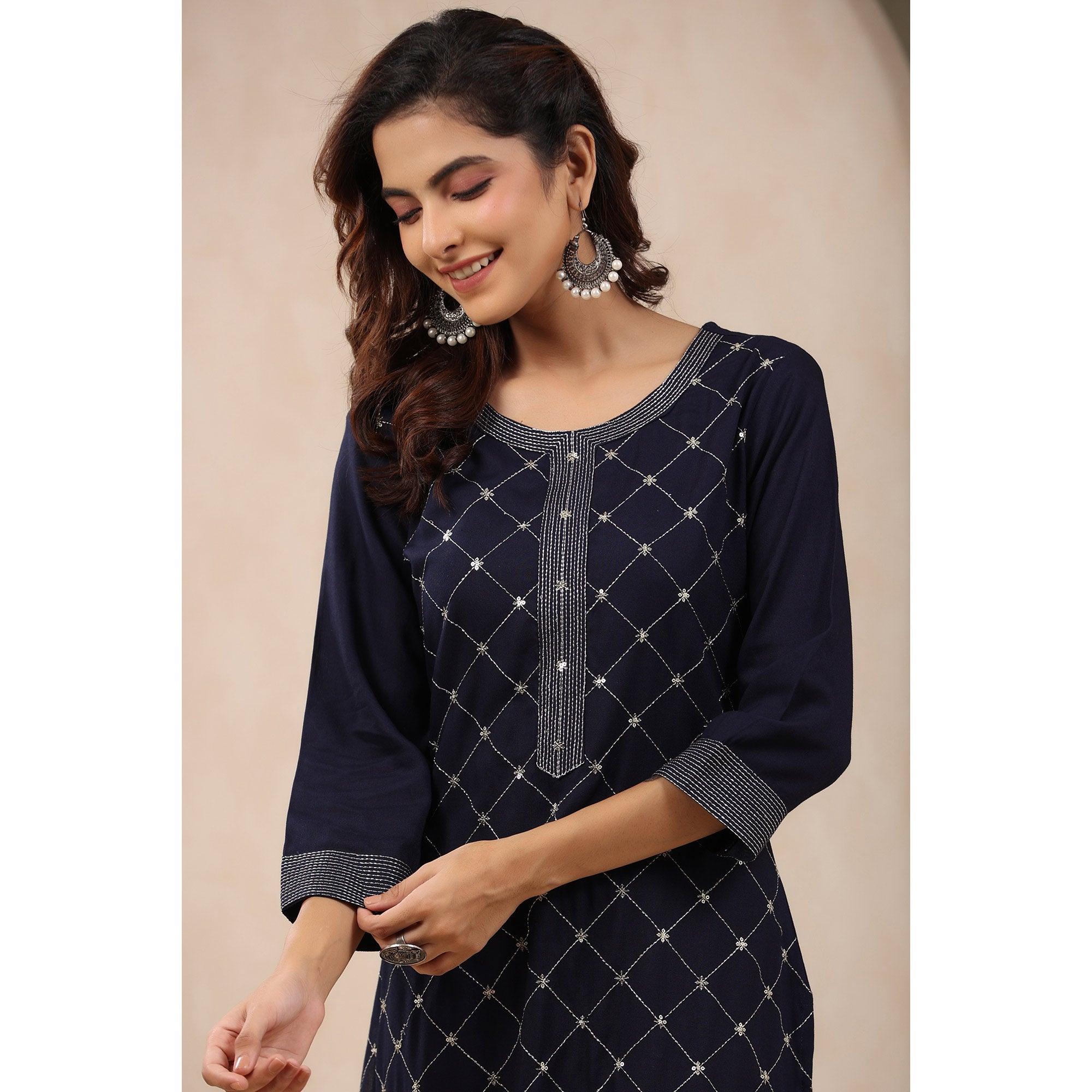 Navy Blue Sequence Embroidered Pure Cotton Kurti - Peachmode