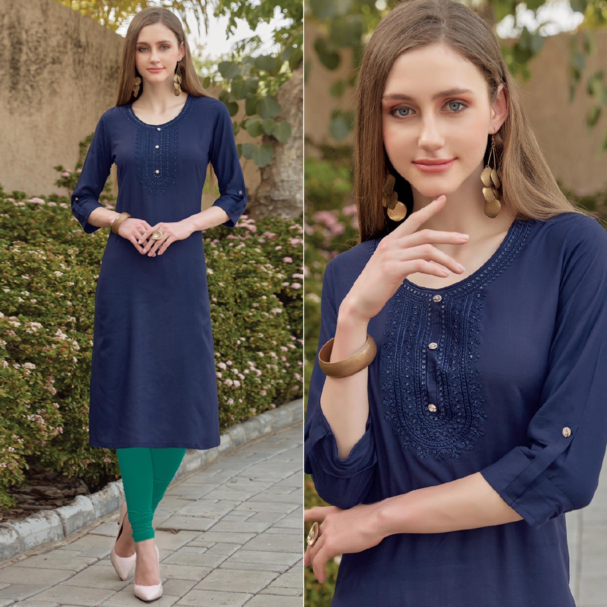 Navy Blue Sequence Embroidered Rayon Kurti - Peachmode