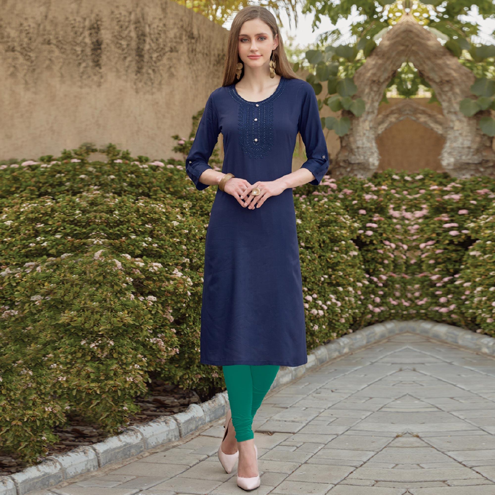 Navy Blue Sequence Embroidered Rayon Kurti - Peachmode