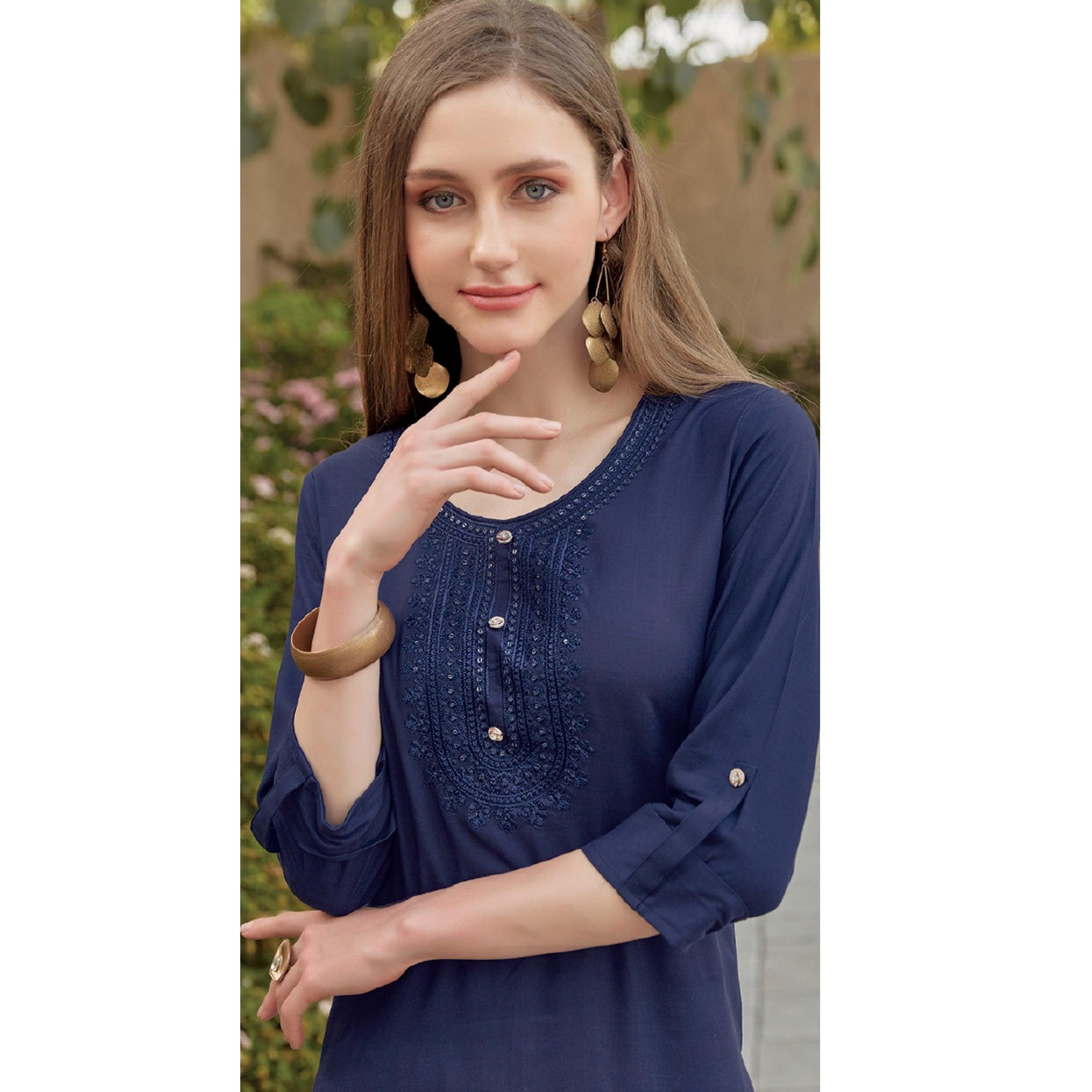 Navy Blue Sequence Embroidered Rayon Kurti - Peachmode
