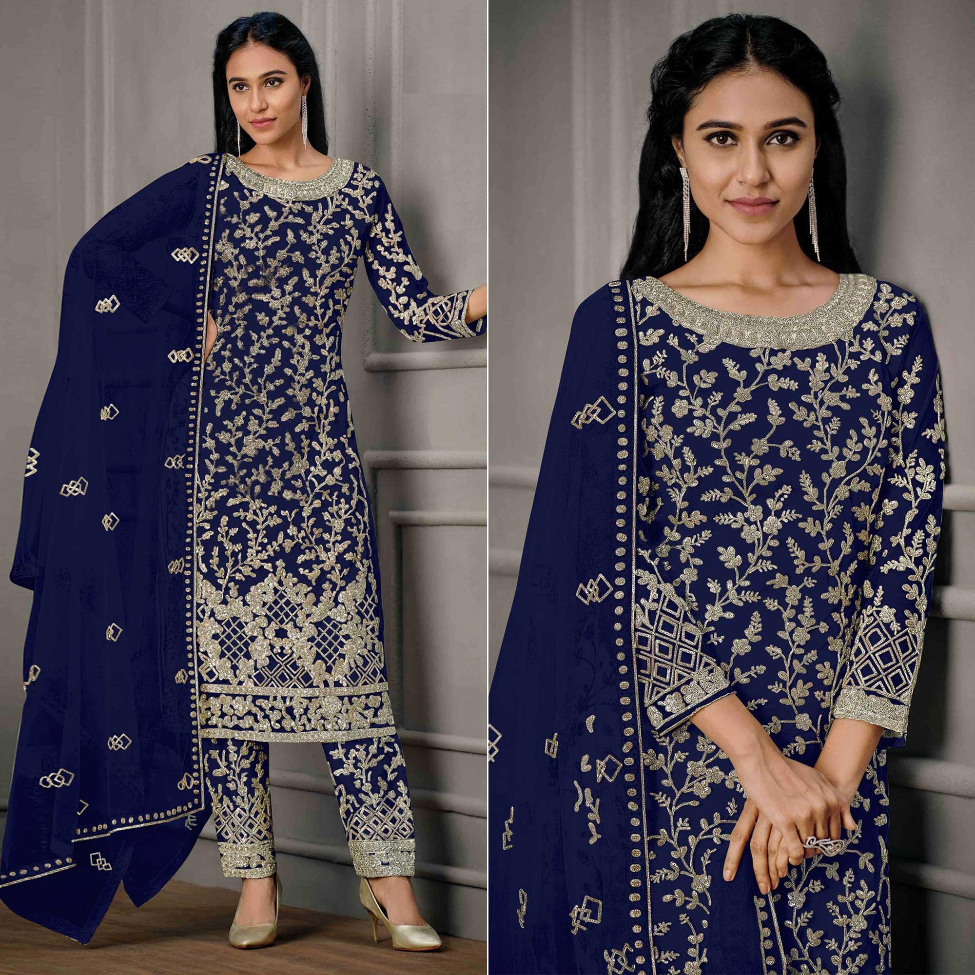 Navy Blue Sequence Floral Embroidered Net Salwar Suit - Peachmode