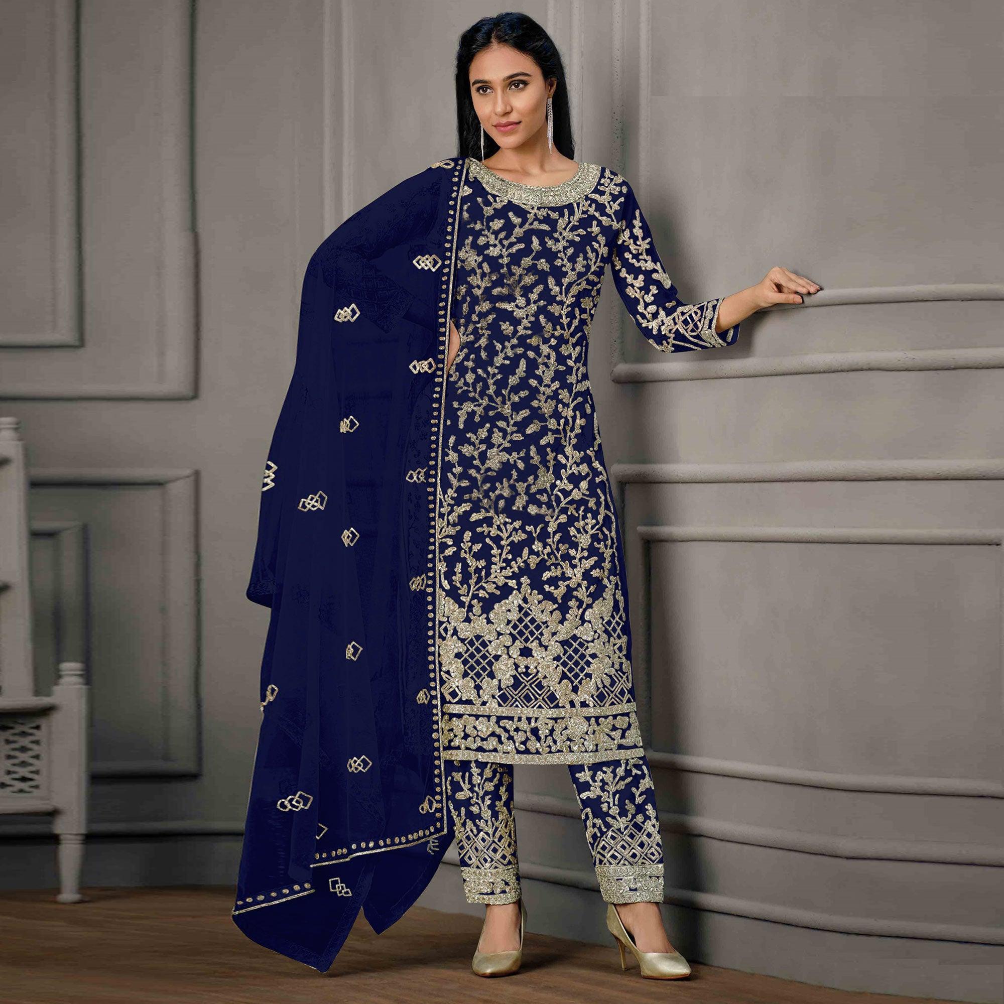 Navy Blue Sequence Floral Embroidered Net Salwar Suit - Peachmode