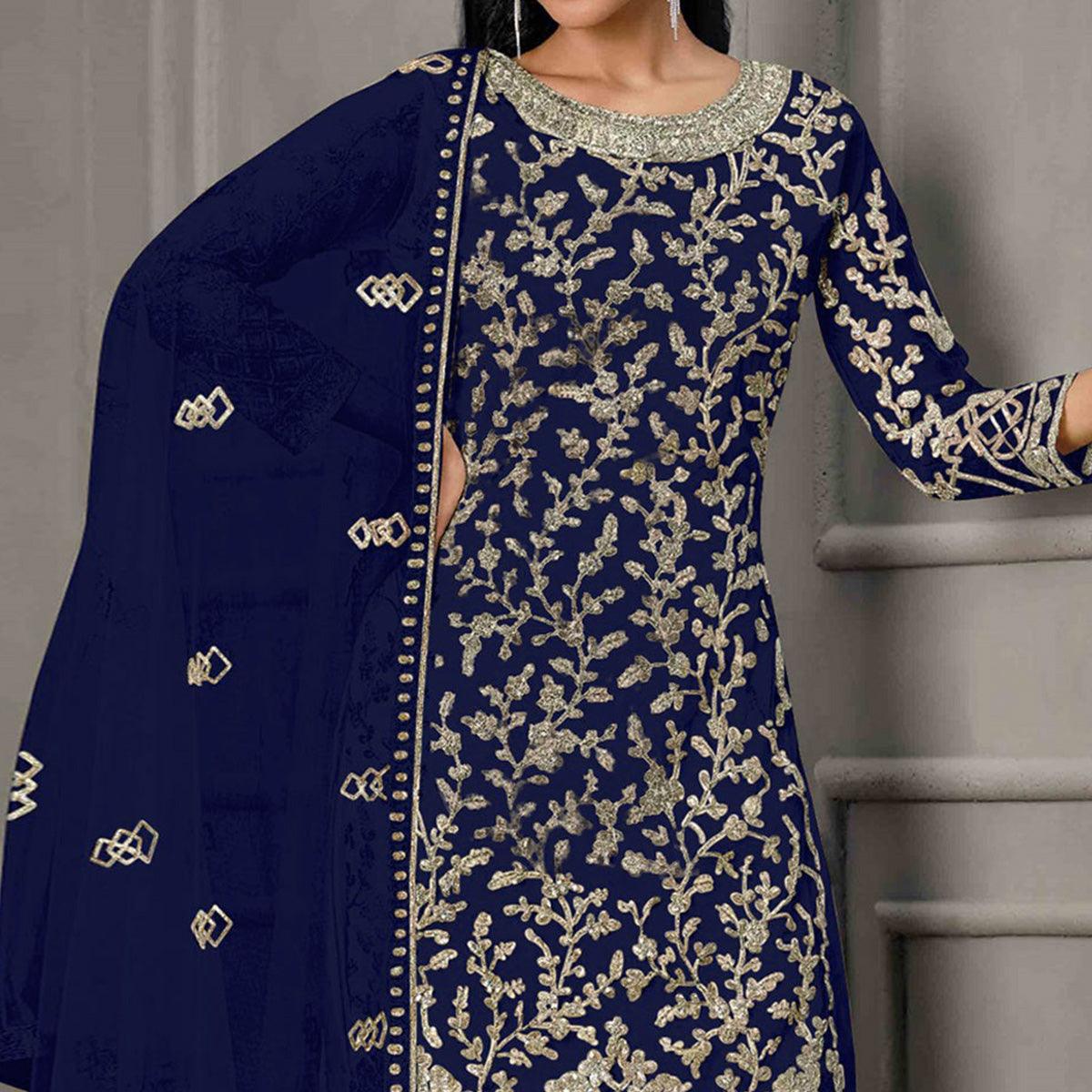 Navy Blue Sequence Floral Embroidered Net Salwar Suit - Peachmode