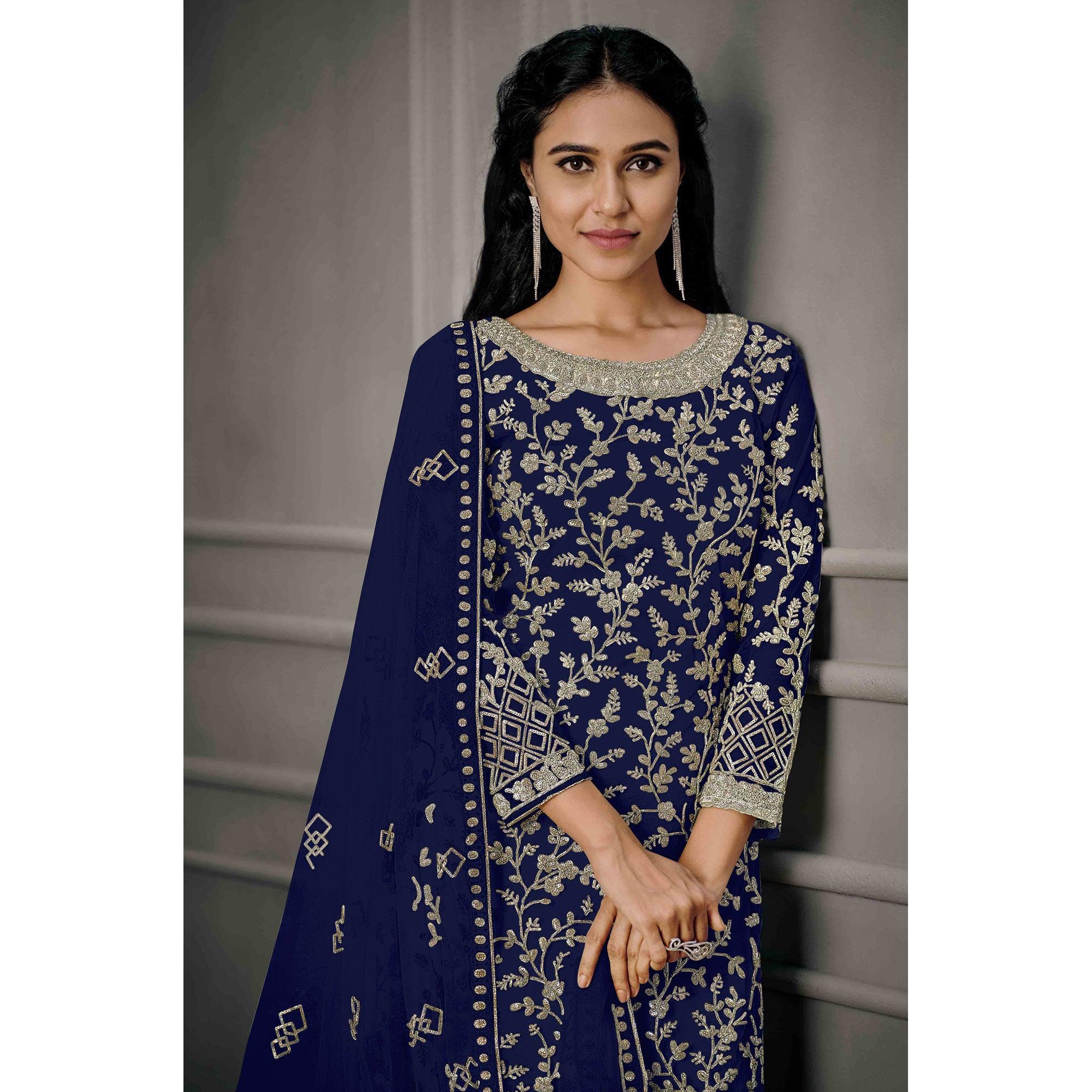 Navy Blue Sequence Floral Embroidered Net Salwar Suit - Peachmode