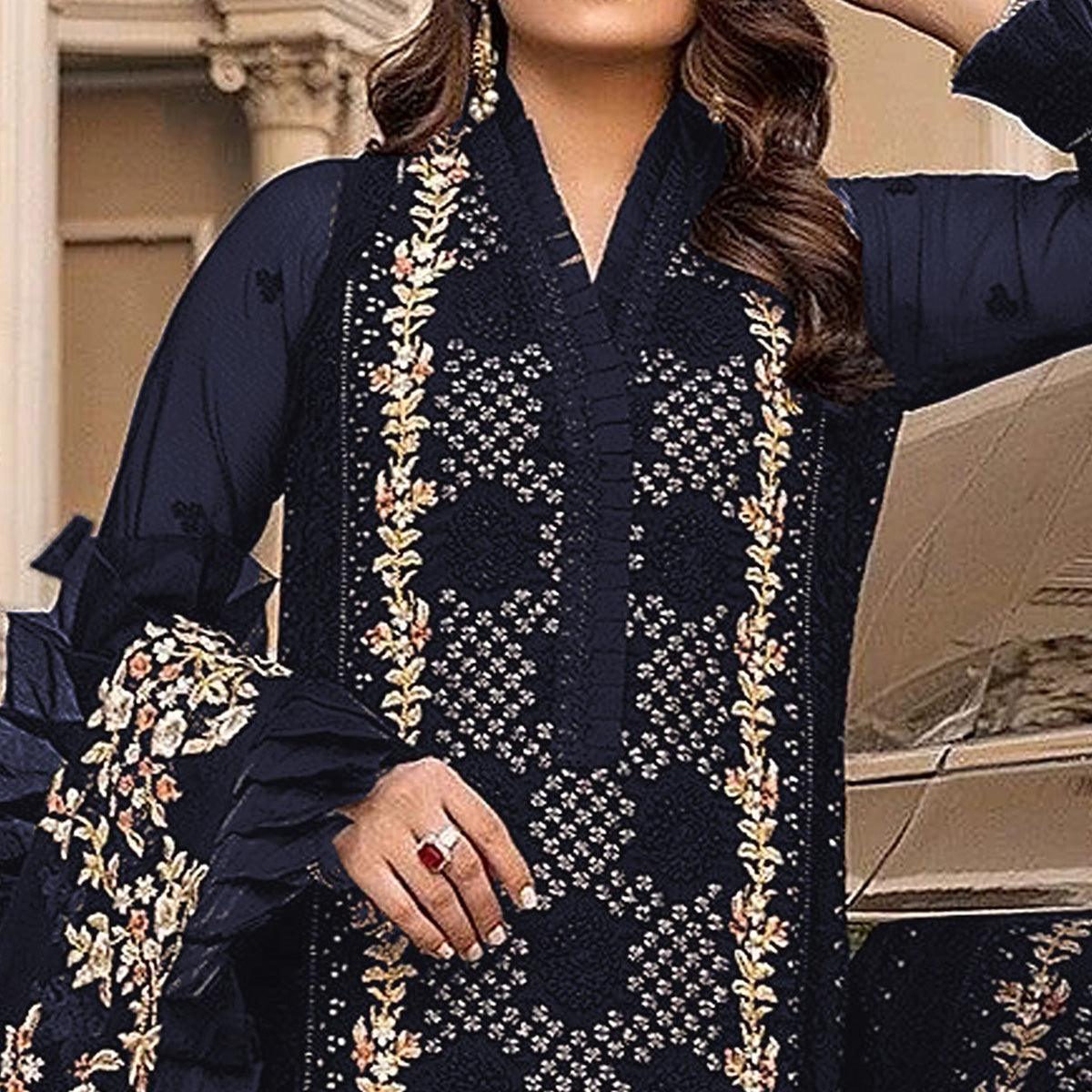 Navy Blue Sequence With Floral Embroidered Georgette Pakistani Suit - Peachmode
