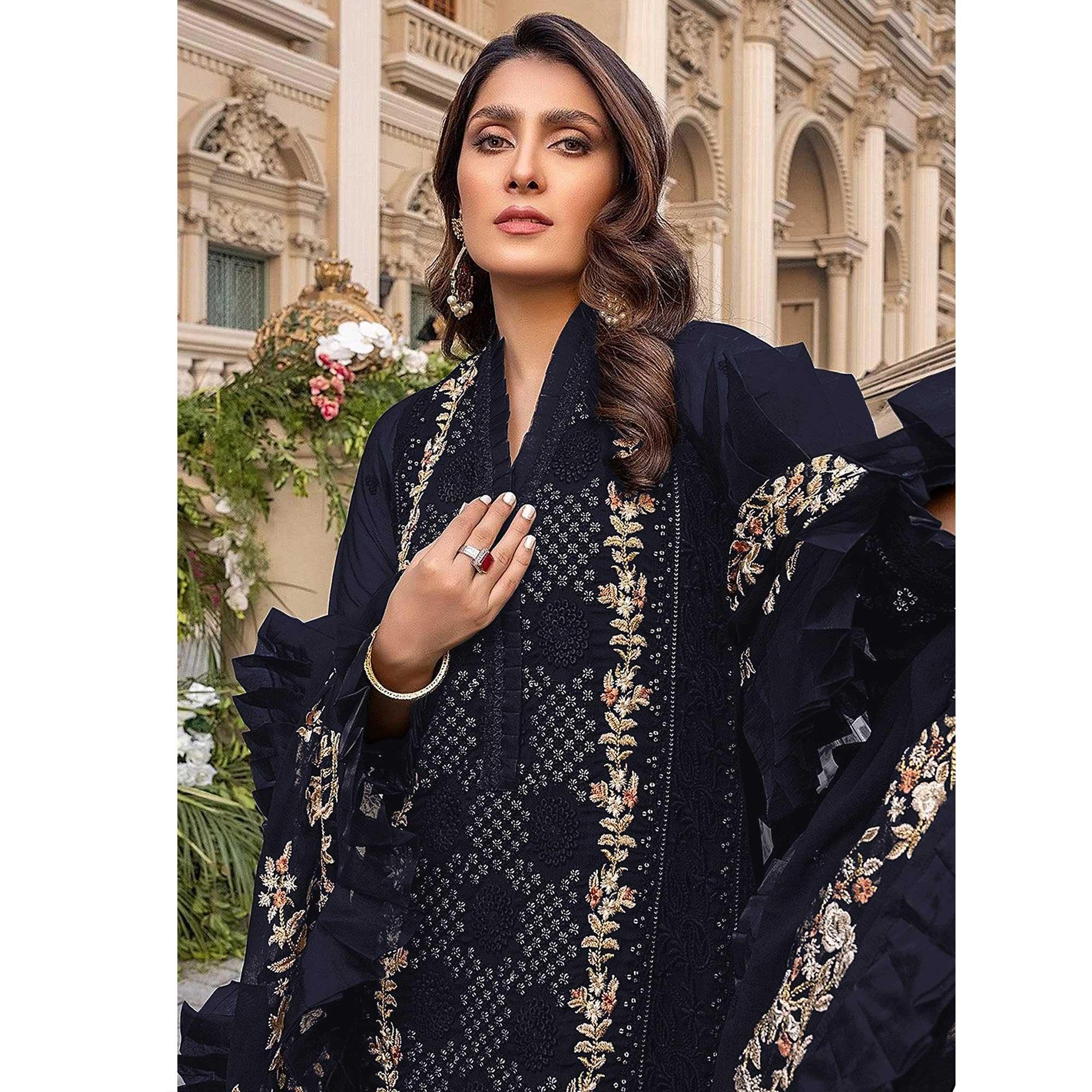 Navy Blue Sequence With Floral Embroidered Georgette Pakistani Suit - Peachmode