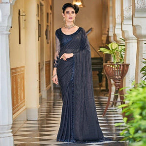 Navy Blue Solid Art Silk Saree - Peachmode