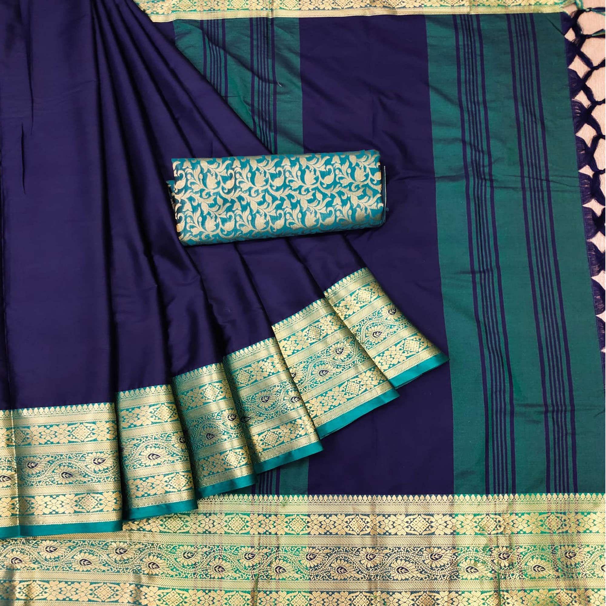 Navy Blue Solid Cotton Silk Saree - Peachmode