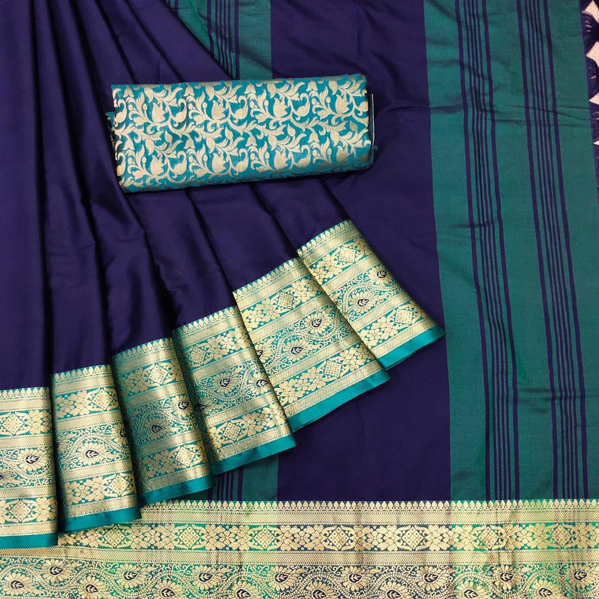 Navy Blue Solid Cotton Silk Saree - Peachmode