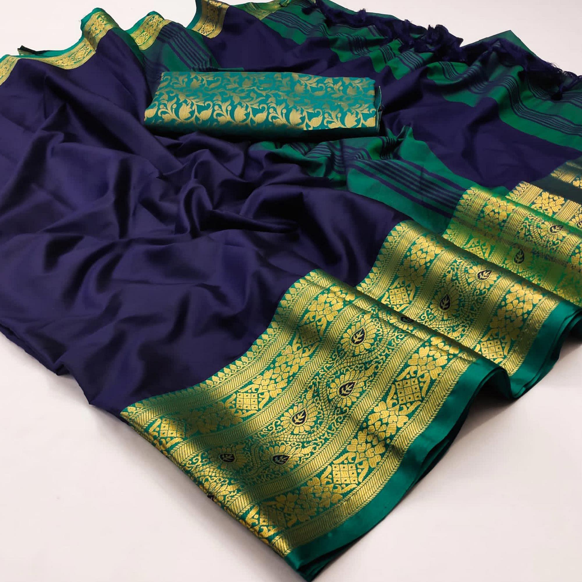 Navy Blue Solid Cotton Silk Saree - Peachmode