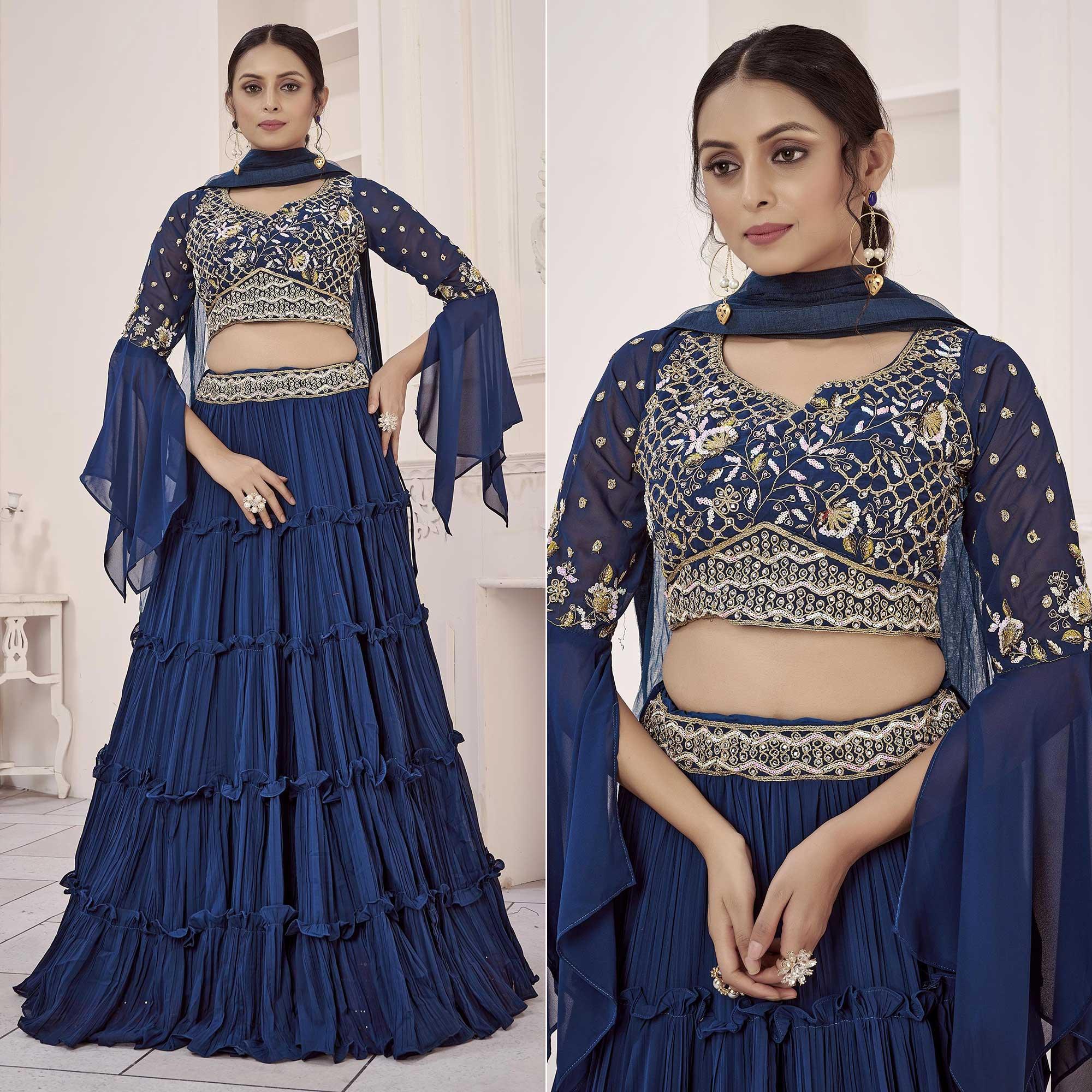 Navy Blue Solid Georgette Lehenga Choli - Peachmode