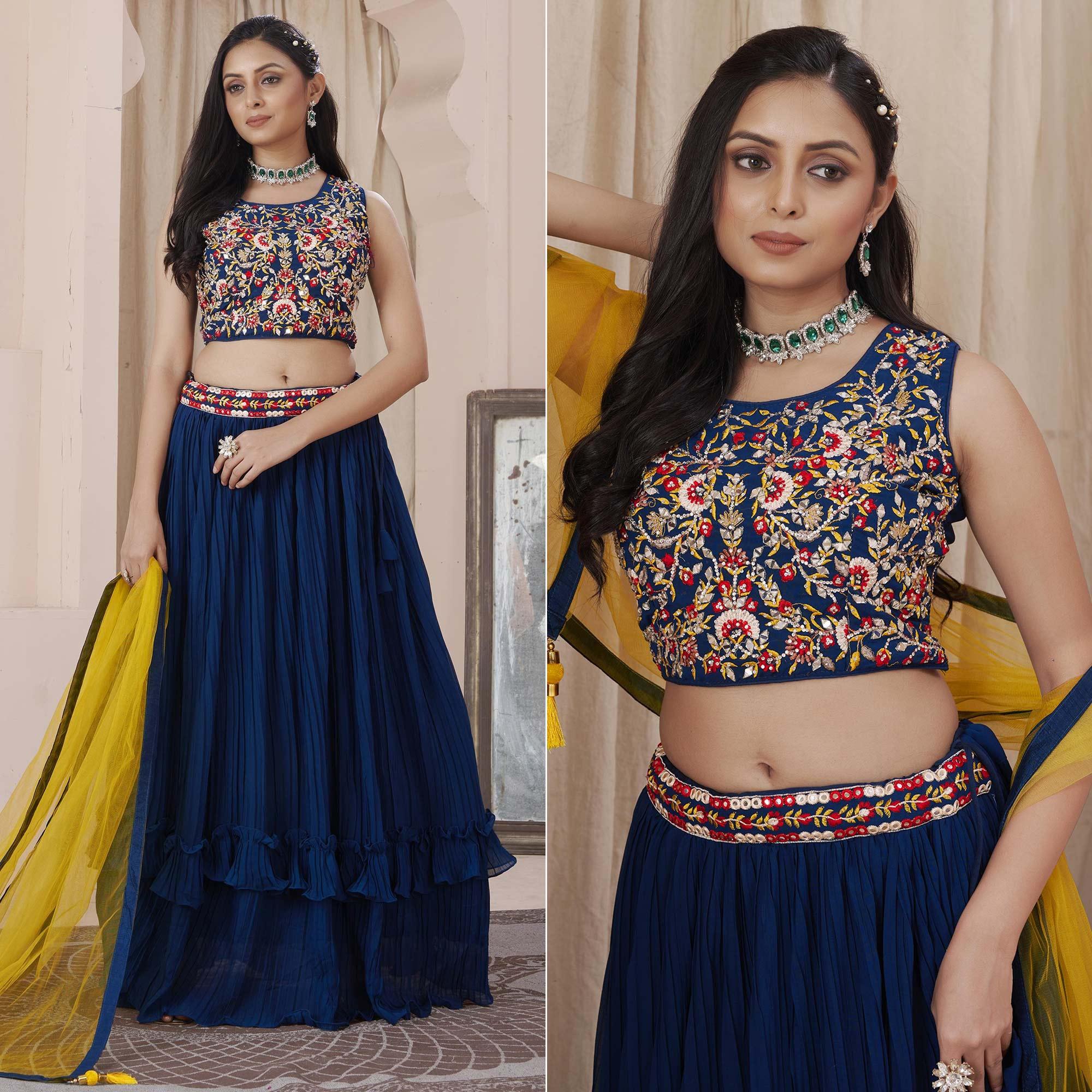 Navy Blue Solid Georgette Lehenga Choli - Peachmode