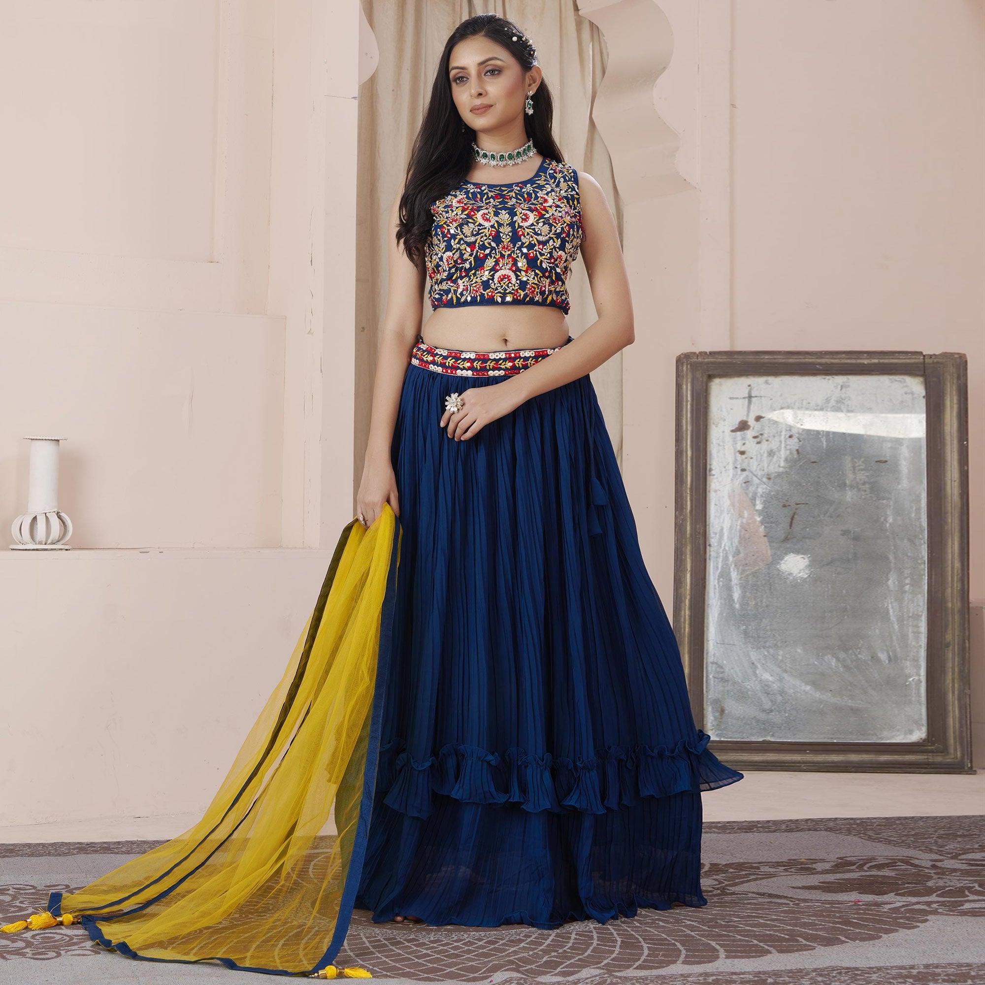 Navy Blue Solid Georgette Lehenga Choli - Peachmode