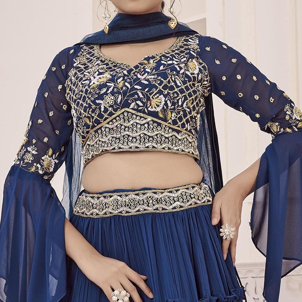 Navy Blue Solid Georgette Lehenga Choli - Peachmode