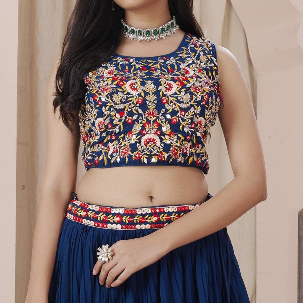 Navy Blue Solid Georgette Lehenga Choli - Peachmode