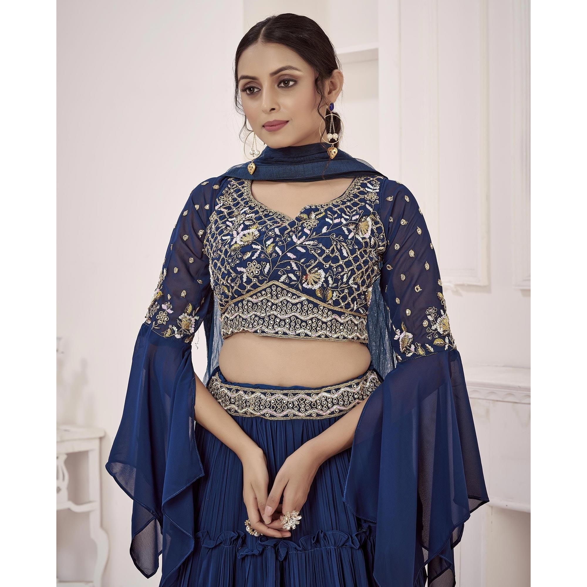 Navy Blue Solid Georgette Lehenga Choli - Peachmode
