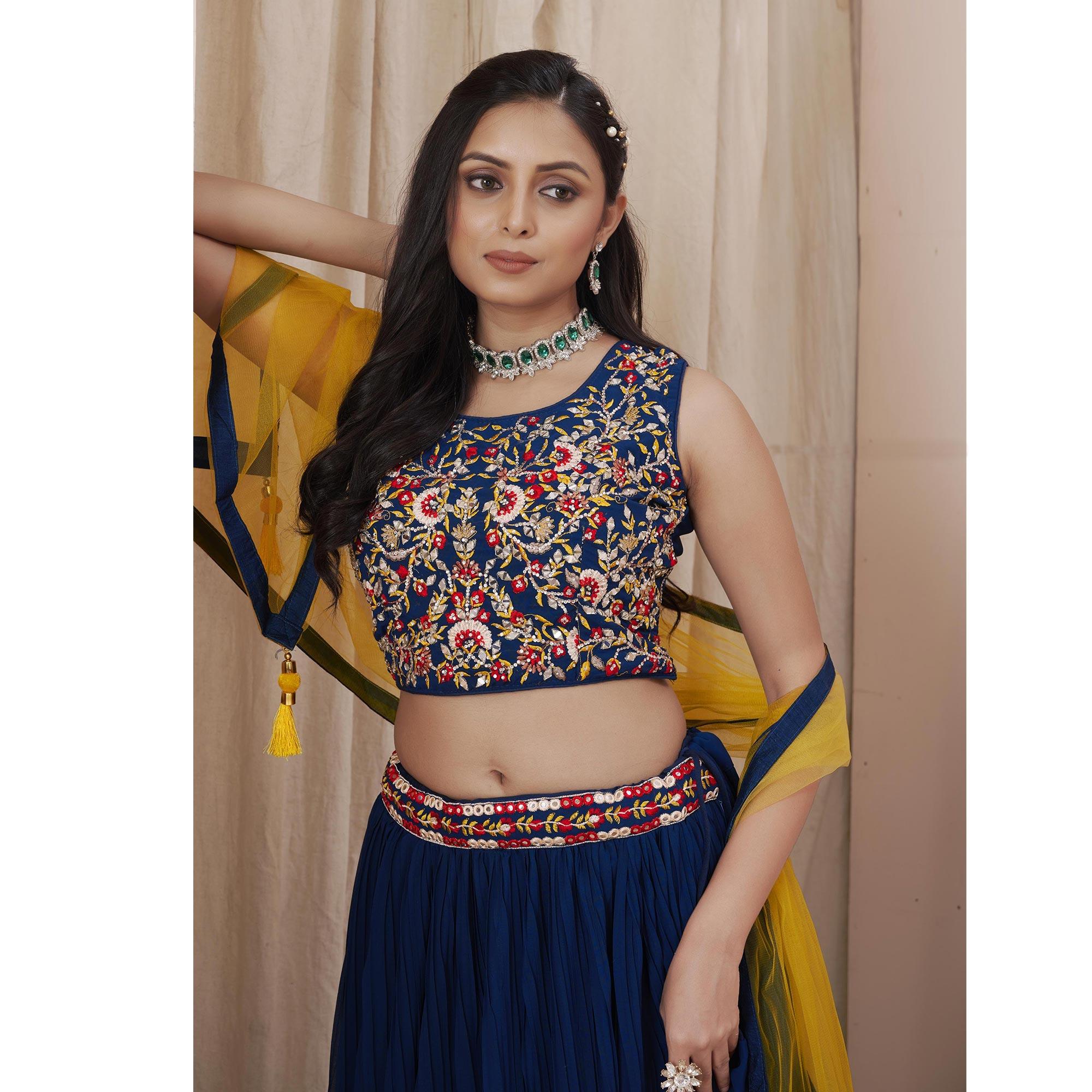 Navy Blue Solid Georgette Lehenga Choli - Peachmode
