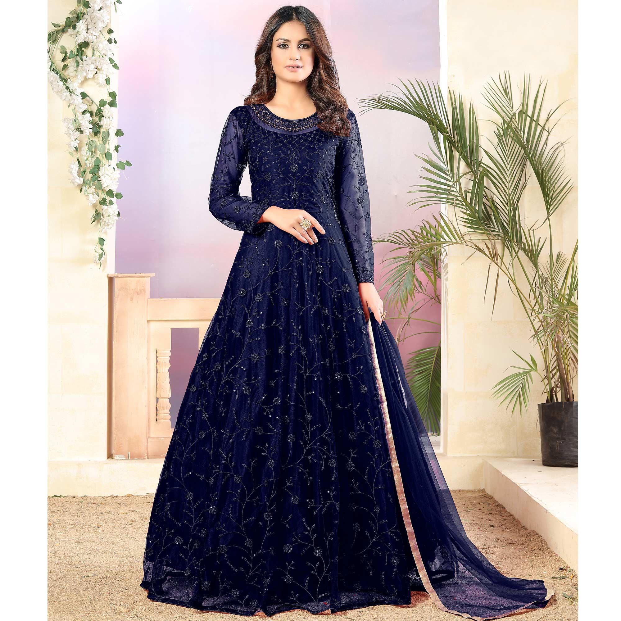Navy Blue Thread & Sequence Embroidered Net Anarkali Suit - Peachmode
