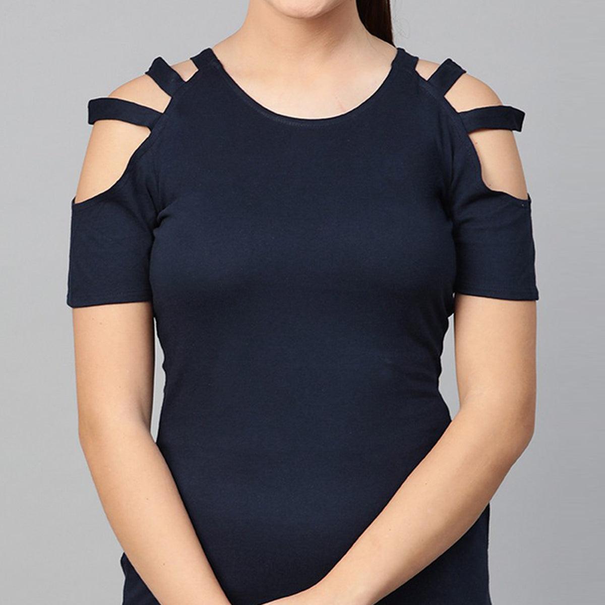 Navy Blue  Wear Solid Straight knee-Length Cotton Dress - Peachmode