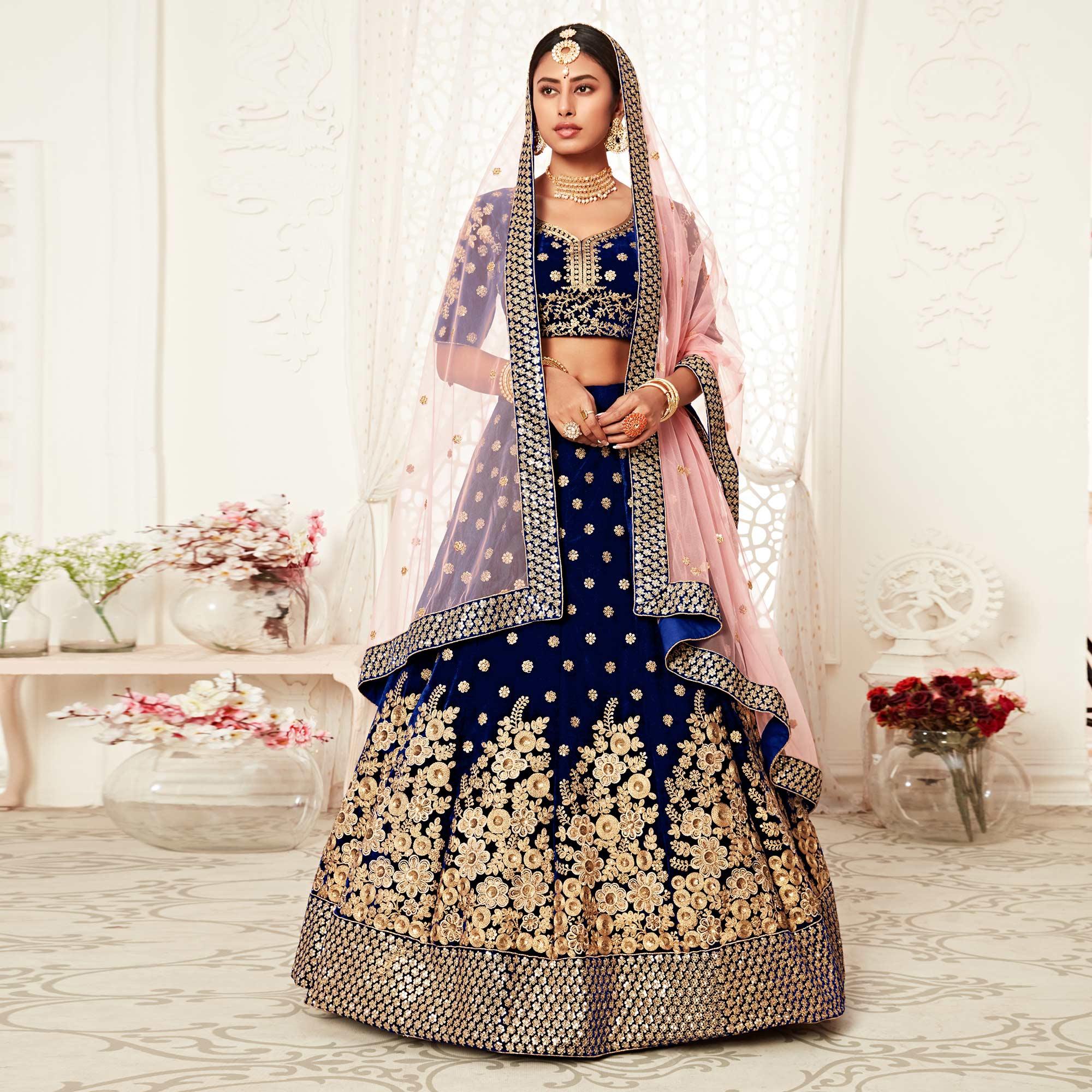 Navy Blue Wedding Wear Floral Sequins Embroidered Velvet Lehenga Choli - Peachmode