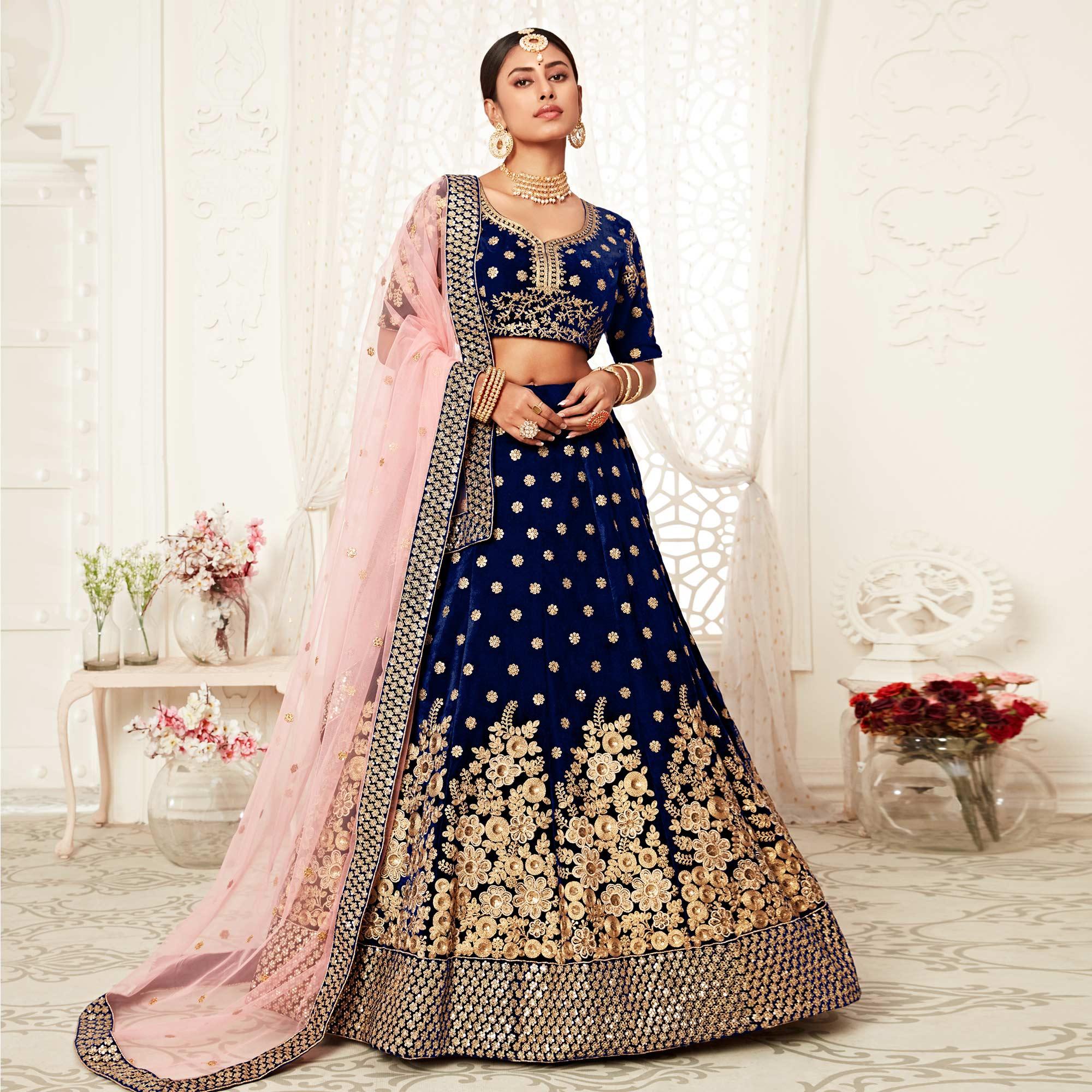 Navy Blue Wedding Wear Floral Sequins Embroidered Velvet Lehenga Choli - Peachmode