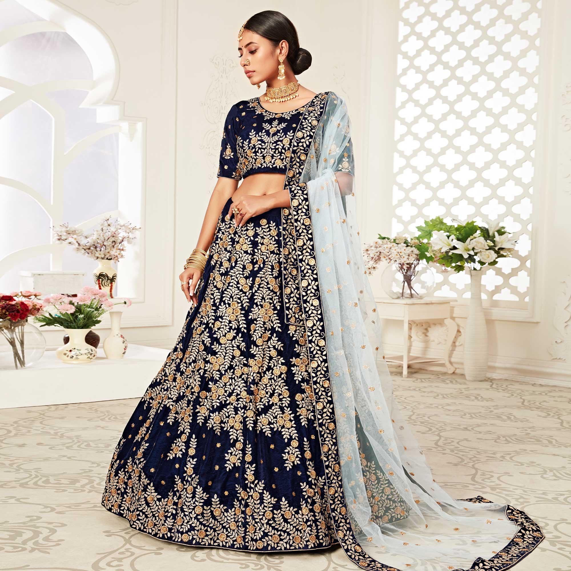 Navy Blue Wedding Wear Floral Sequins Embroidered With Diamond Velvet Lehenga Choli - Peachmode