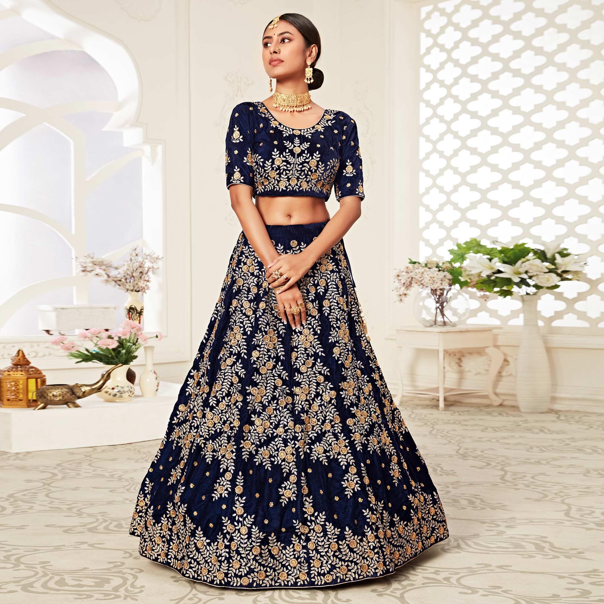 Navy Blue Wedding Wear Floral Sequins Embroidered With Diamond Velvet Lehenga Choli - Peachmode