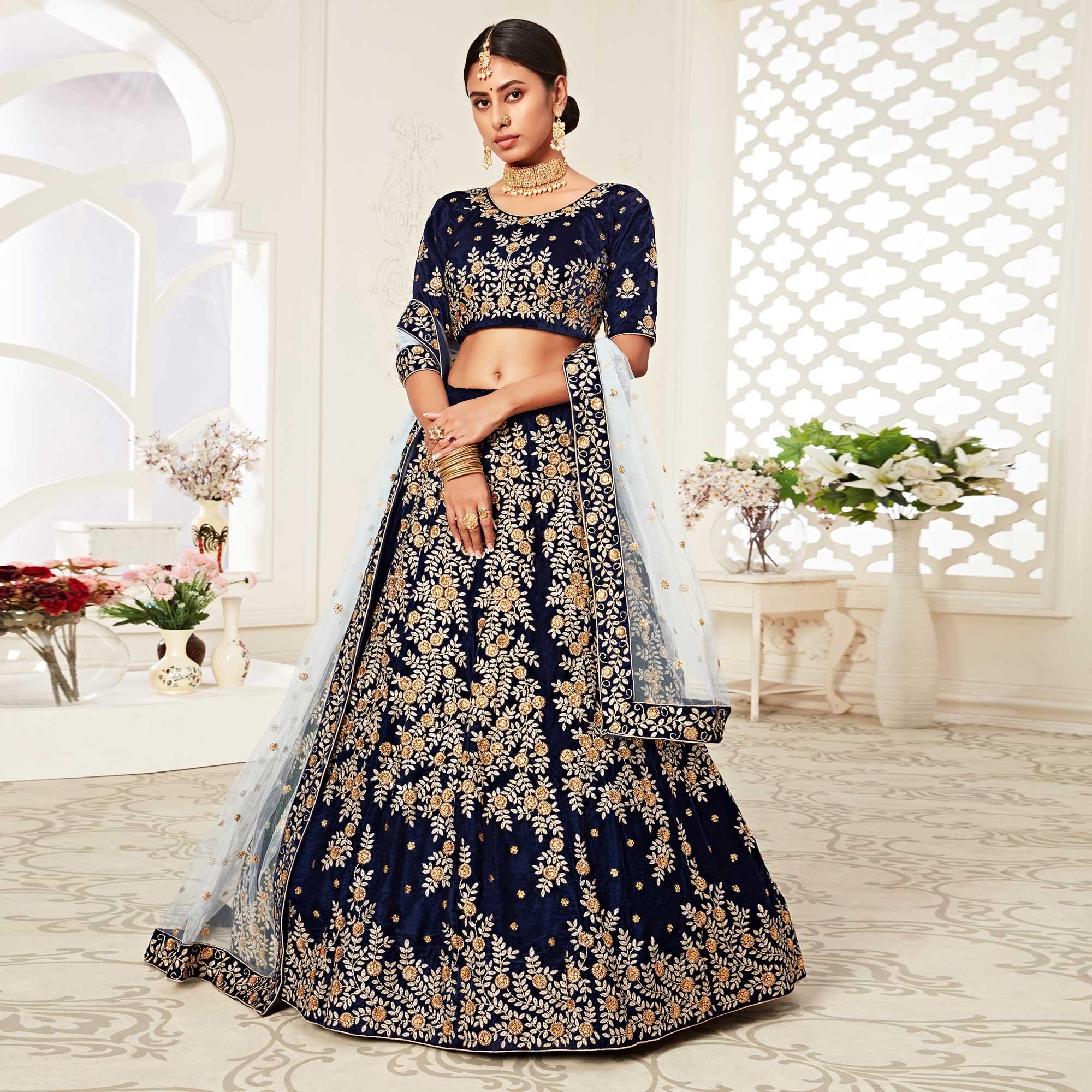 Navy Blue Wedding Wear Floral Sequins Embroidered With Diamond Velvet Lehenga Choli - Peachmode