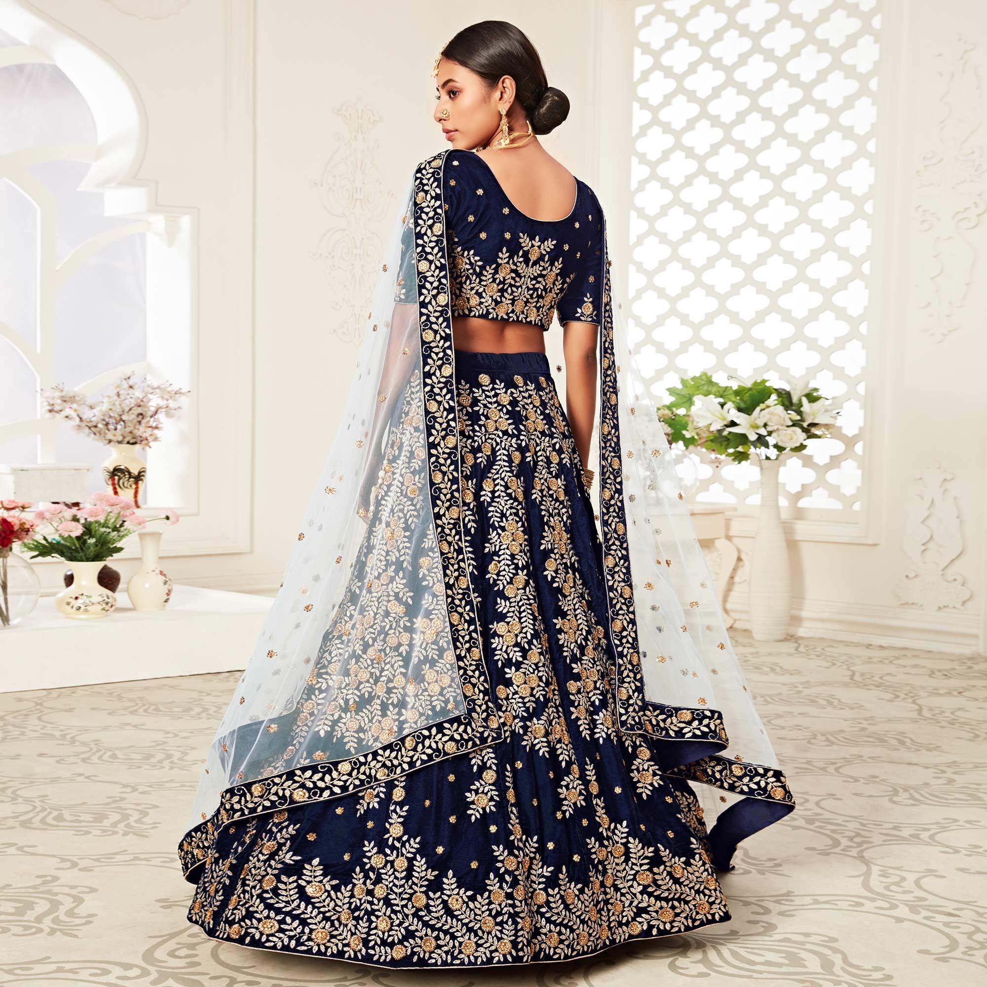 Navy Blue Wedding Wear Floral Sequins Embroidered With Diamond Velvet Lehenga Choli - Peachmode