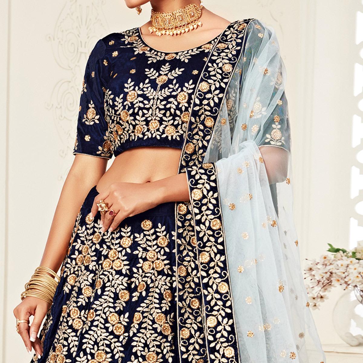 Navy Blue Wedding Wear Floral Sequins Embroidered With Diamond Velvet Lehenga Choli - Peachmode