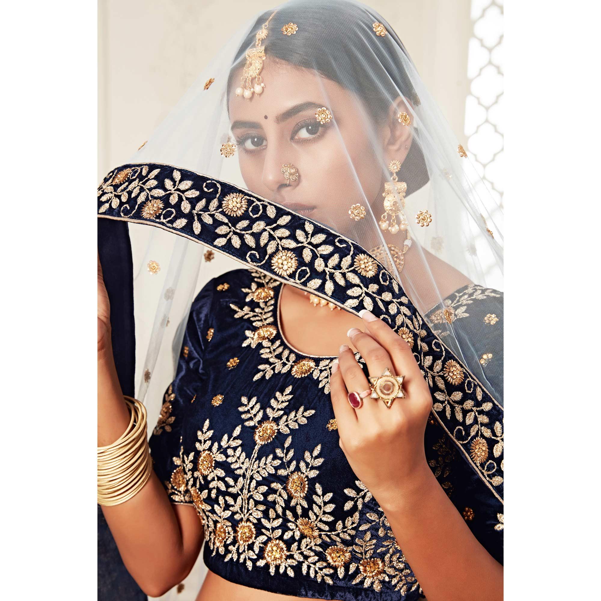 Navy Blue Wedding Wear Floral Sequins Embroidered With Diamond Velvet Lehenga Choli - Peachmode