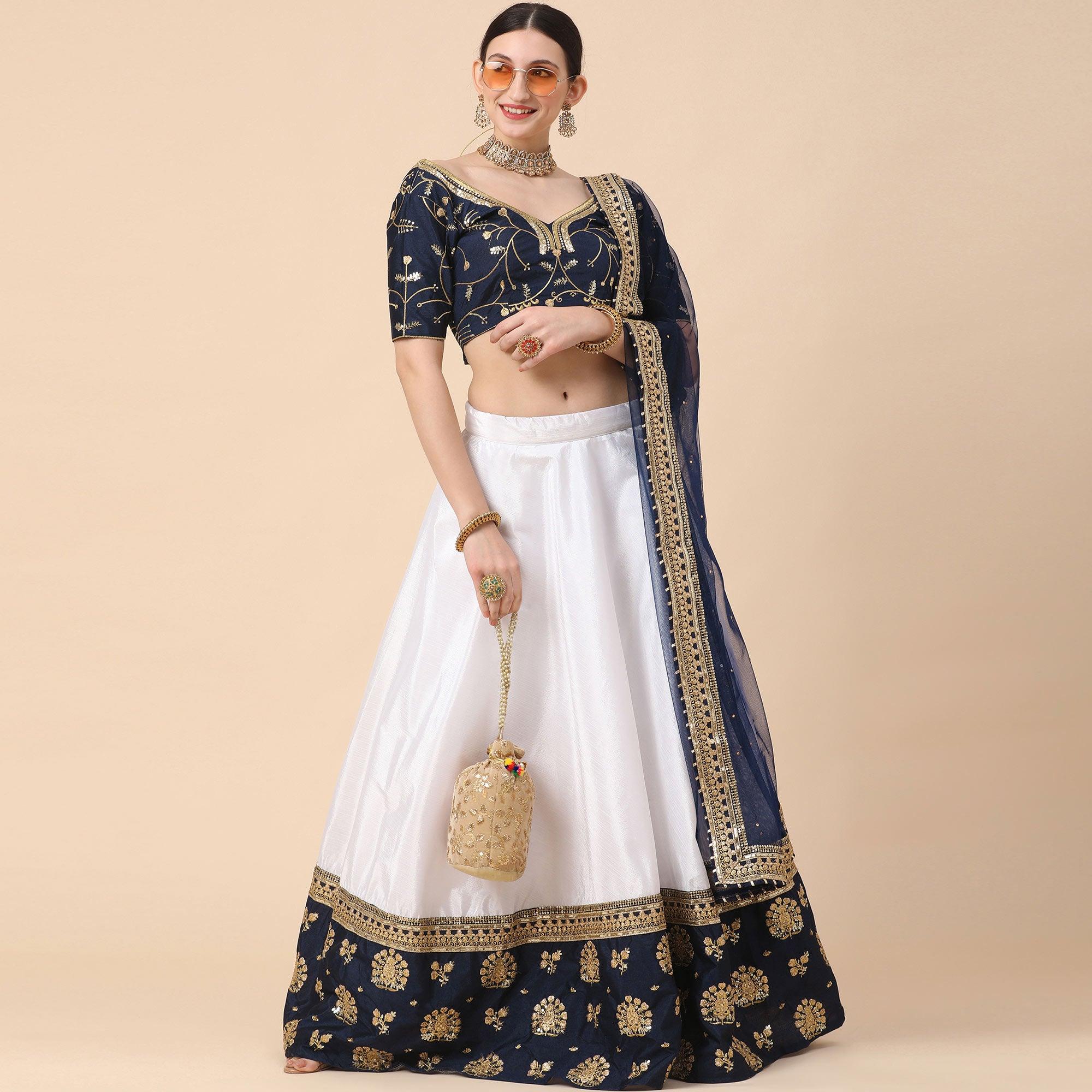 Navy Blue-White Party Wear Sequence Embroidered Satin Lehenga Choli - Peachmode