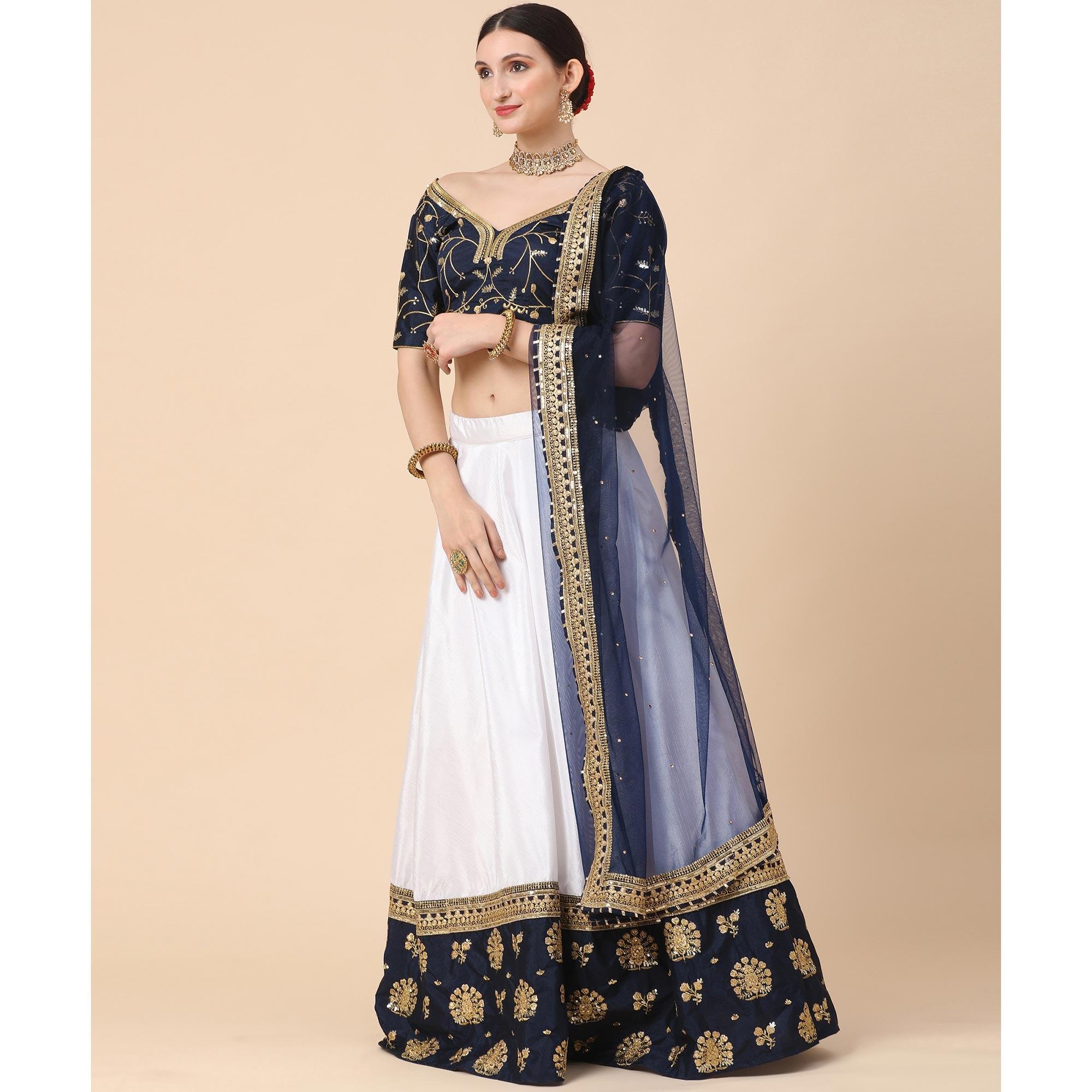 Navy Blue-White Party Wear Sequence Embroidered Satin Lehenga Choli - Peachmode
