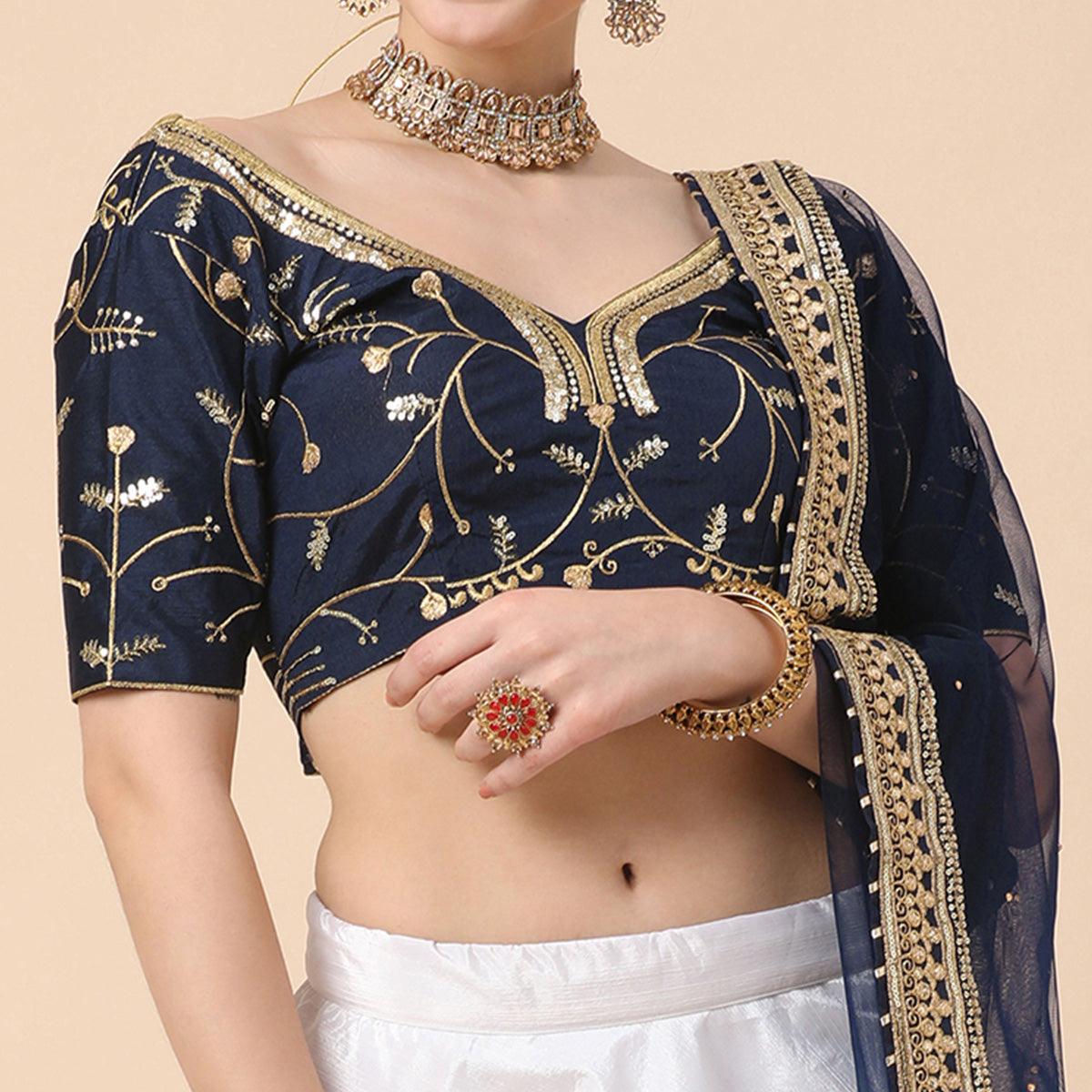 Navy Blue-White Party Wear Sequence Embroidered Satin Lehenga Choli - Peachmode