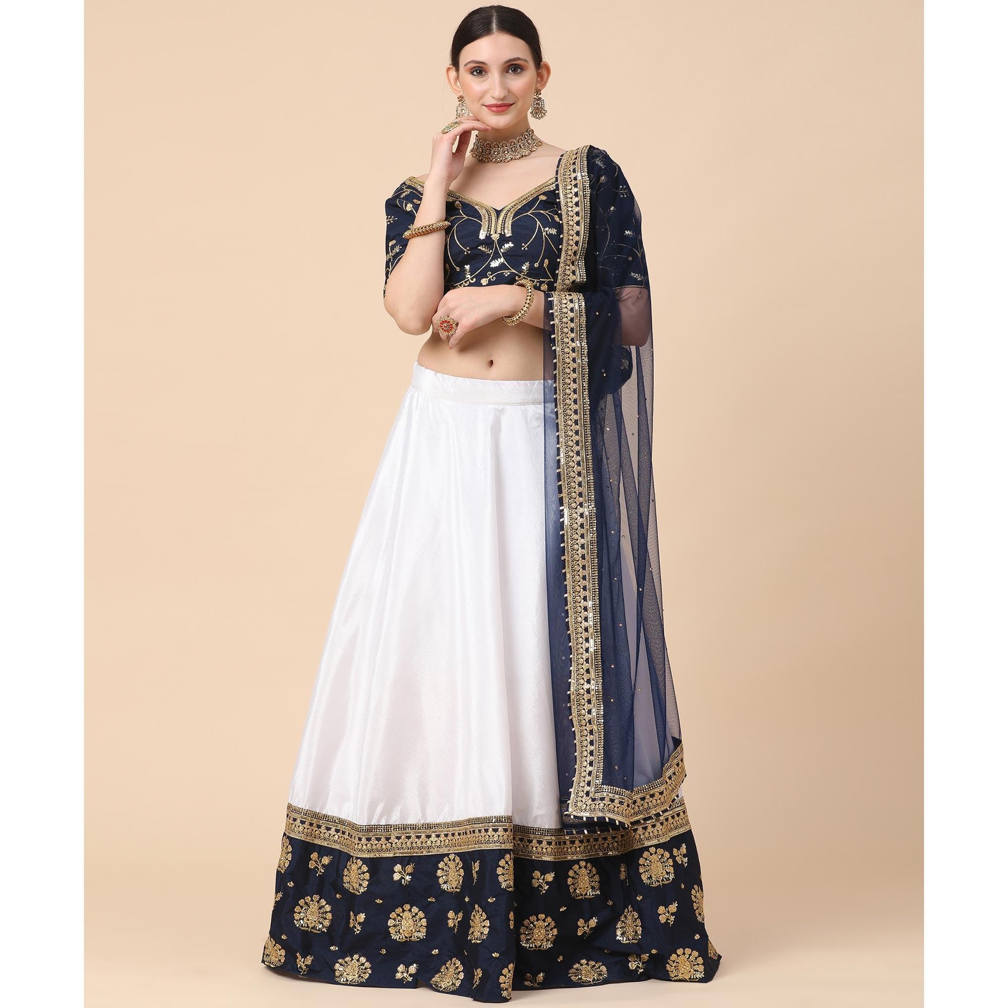 Navy Blue-White Party Wear Sequence Embroidered Satin Lehenga Choli - Peachmode