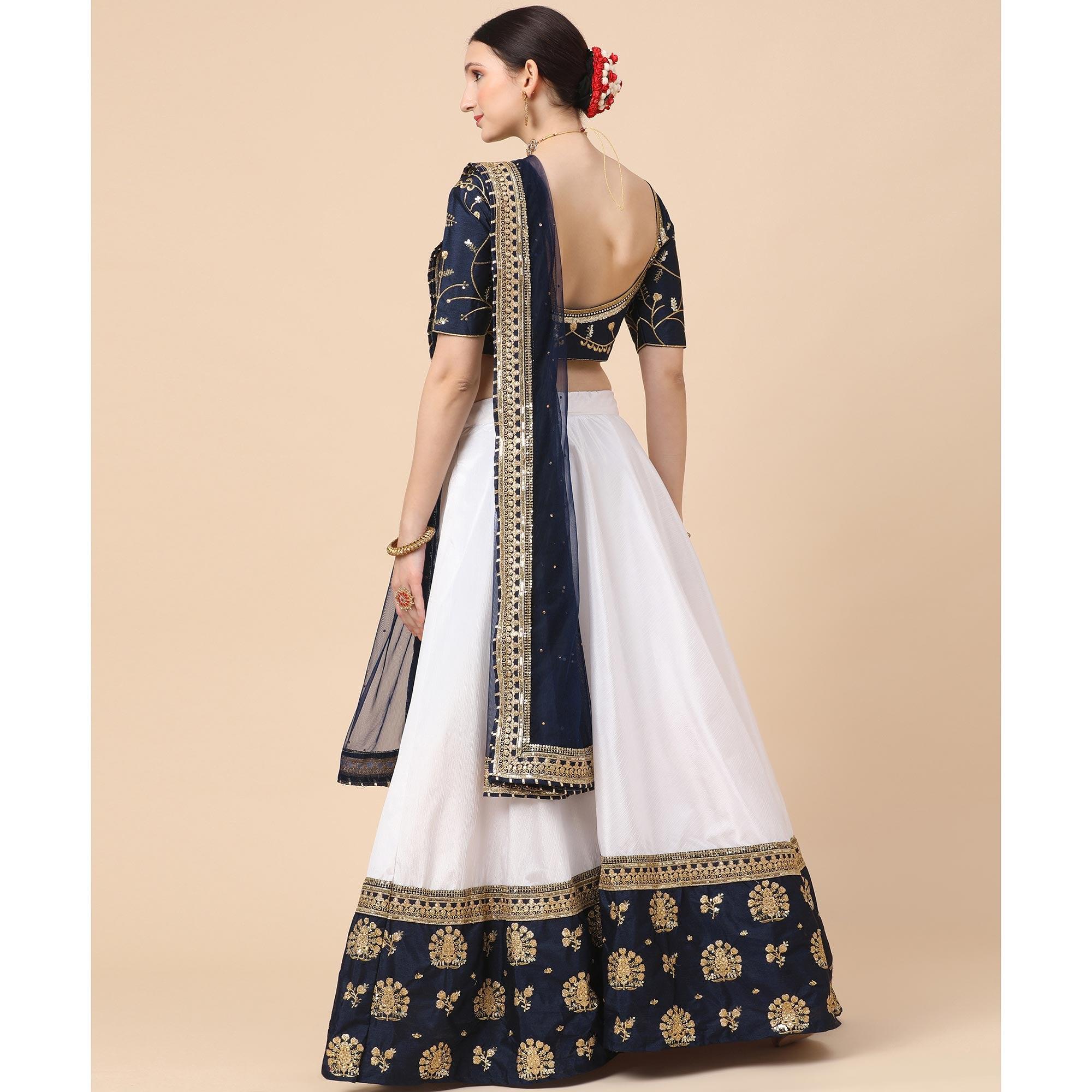 Navy Blue-White Party Wear Sequence Embroidered Satin Lehenga Choli - Peachmode