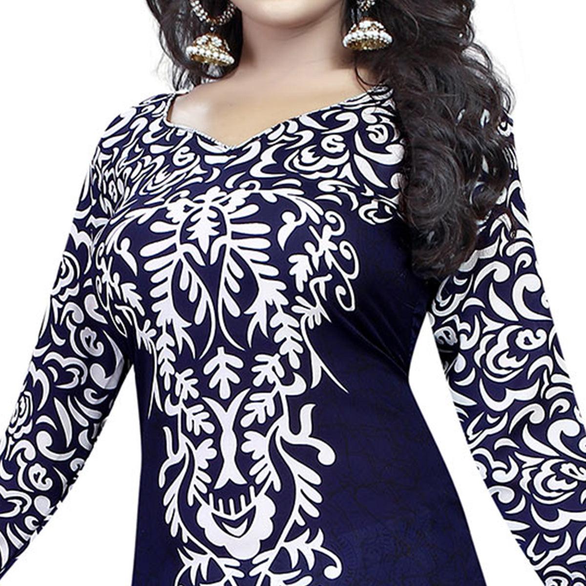 Navy Blue - White Printed Crepe Salwar Suit - Peachmode