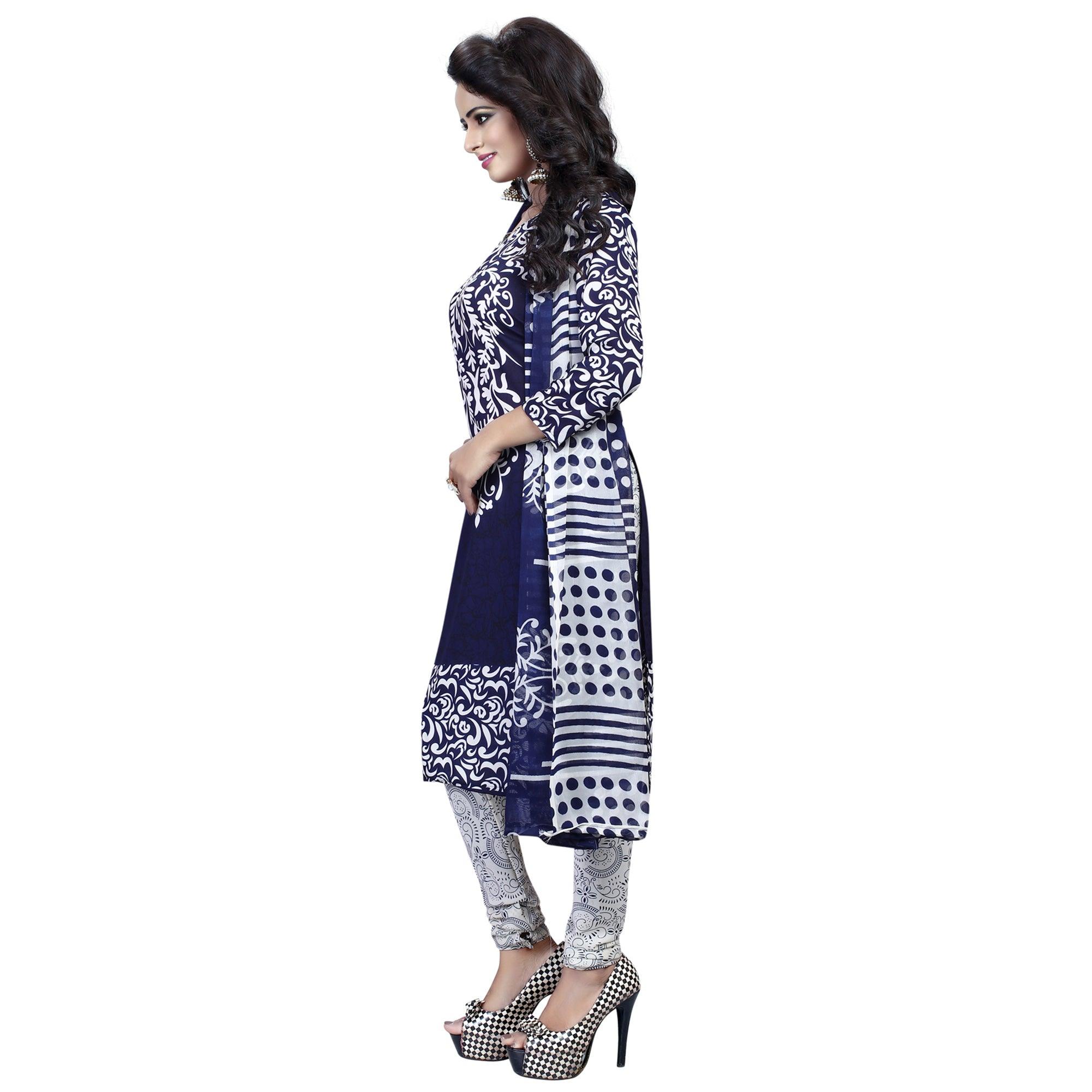 Navy Blue - White Printed Crepe Salwar Suit - Peachmode