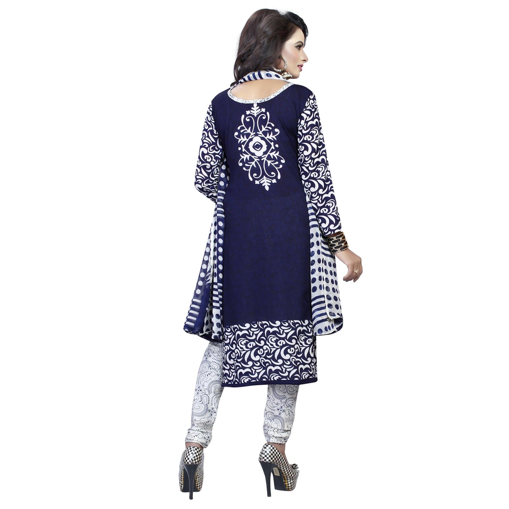 Navy Blue - White Printed Crepe Salwar Suit - Peachmode