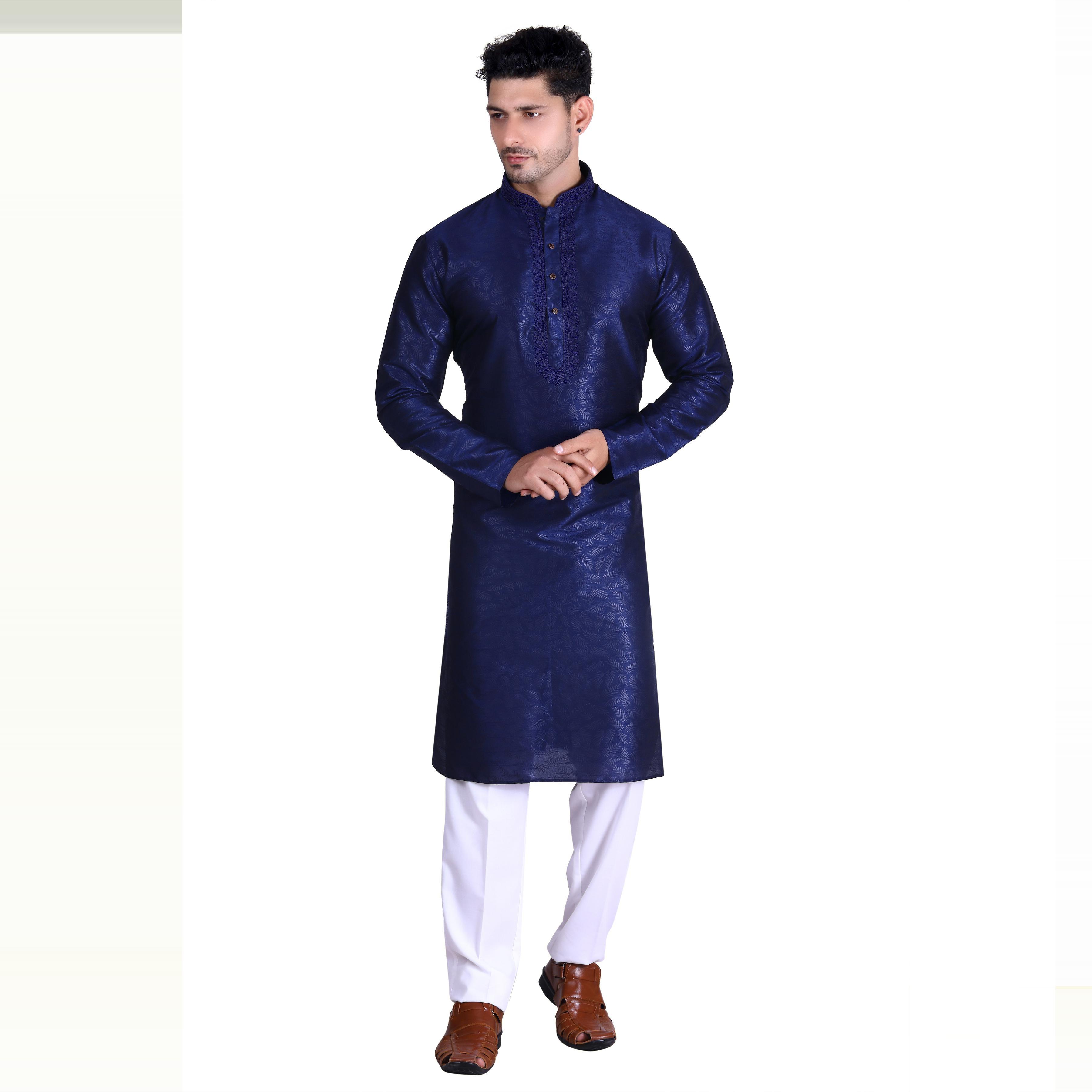 Navy Blue Woven Art Silk Men's Kurta Pyjama Set - Peachmode