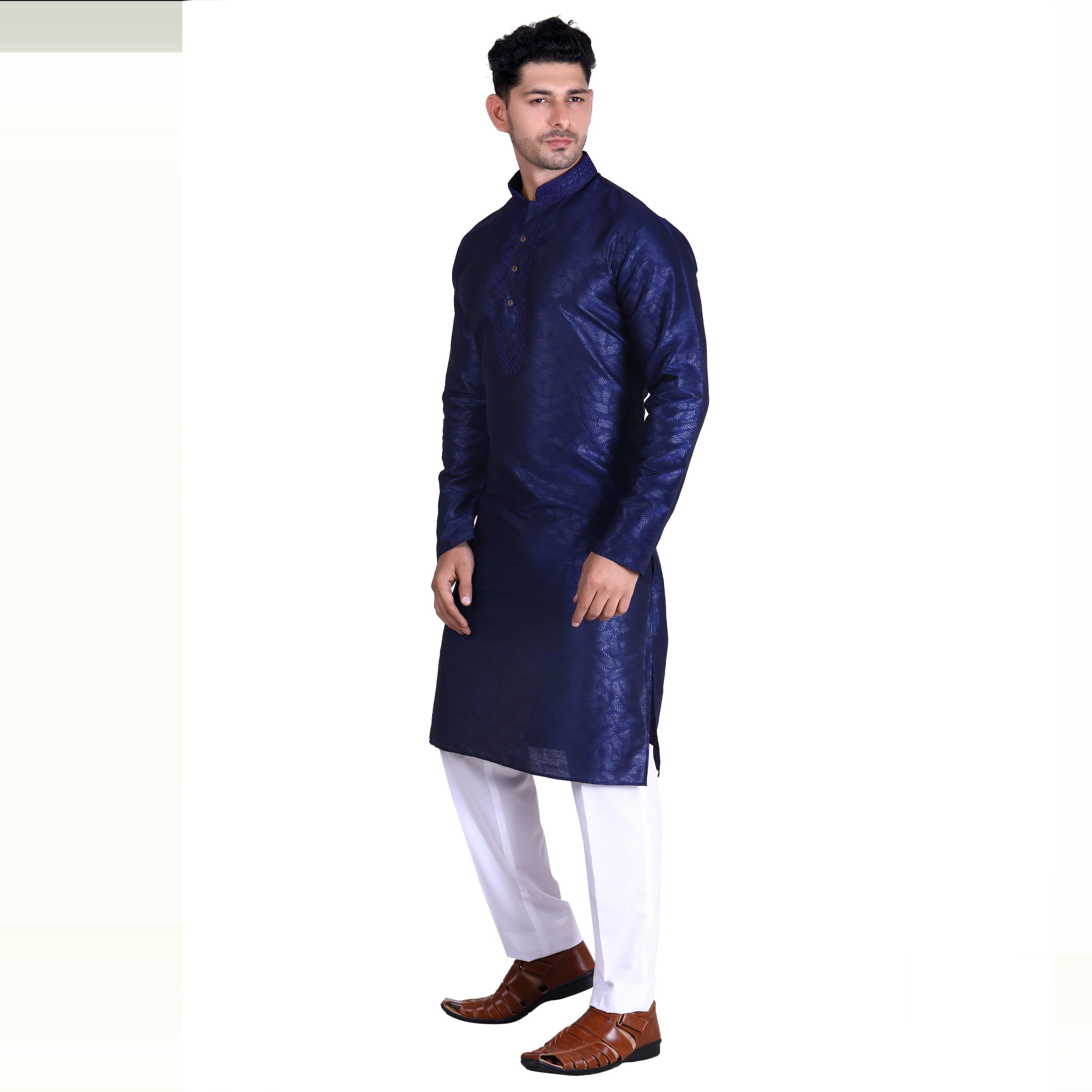 Navy Blue Woven Art Silk Men's Kurta Pyjama Set - Peachmode