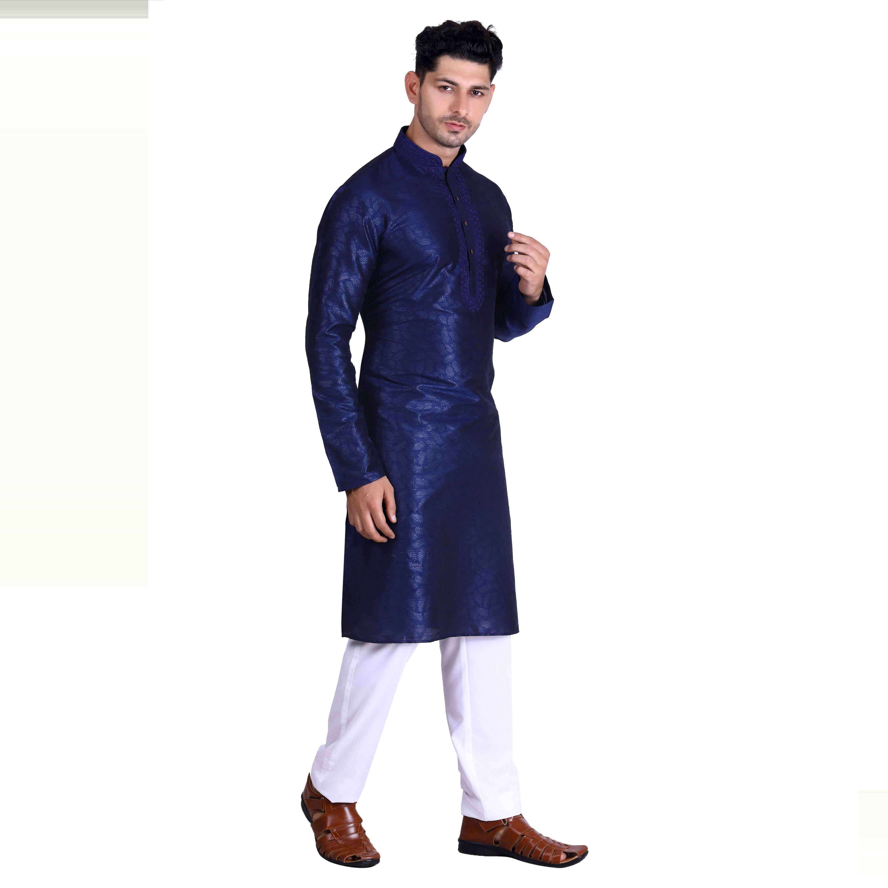 Navy Blue Woven Art Silk Men's Kurta Pyjama Set - Peachmode