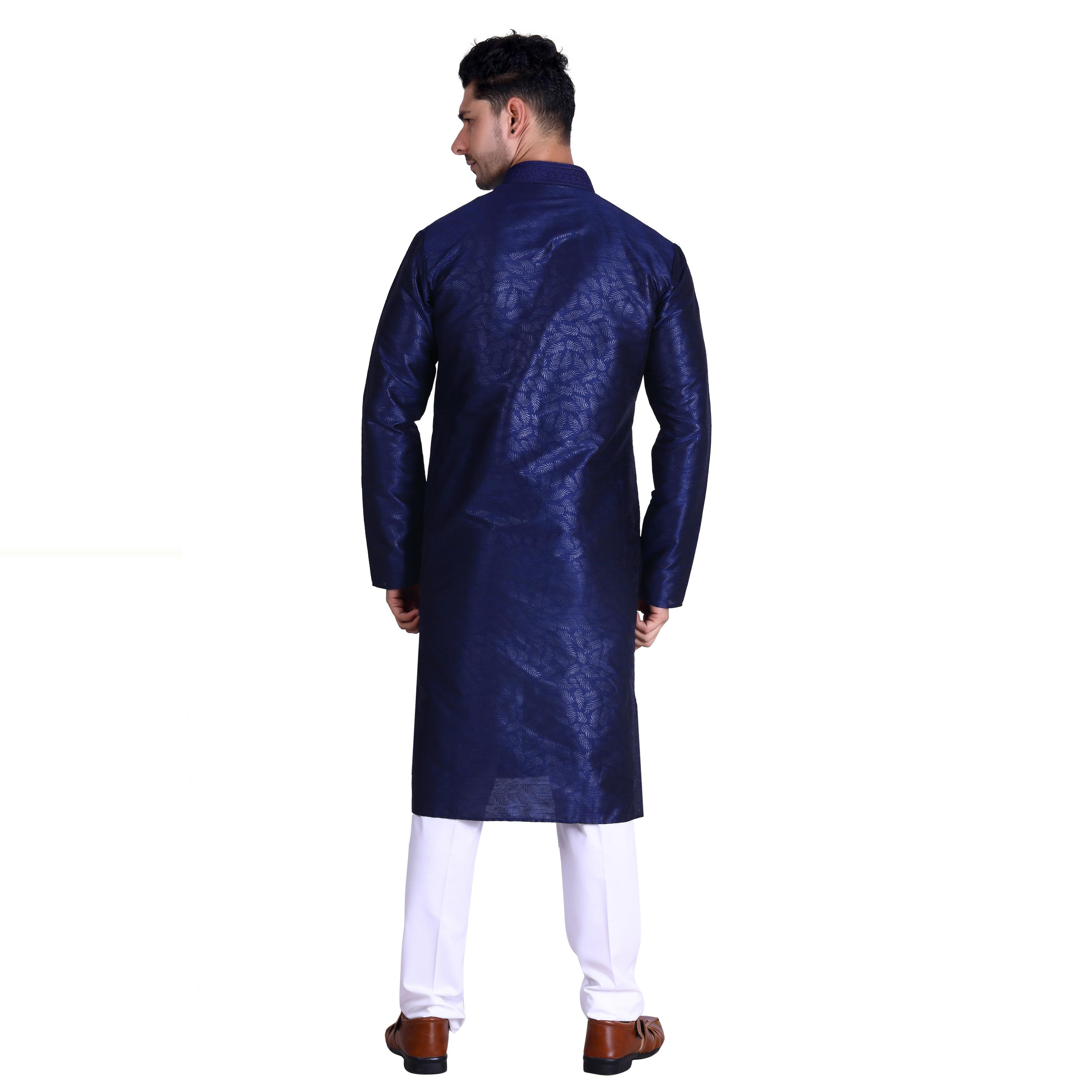 Navy Blue Woven Art Silk Men's Kurta Pyjama Set - Peachmode