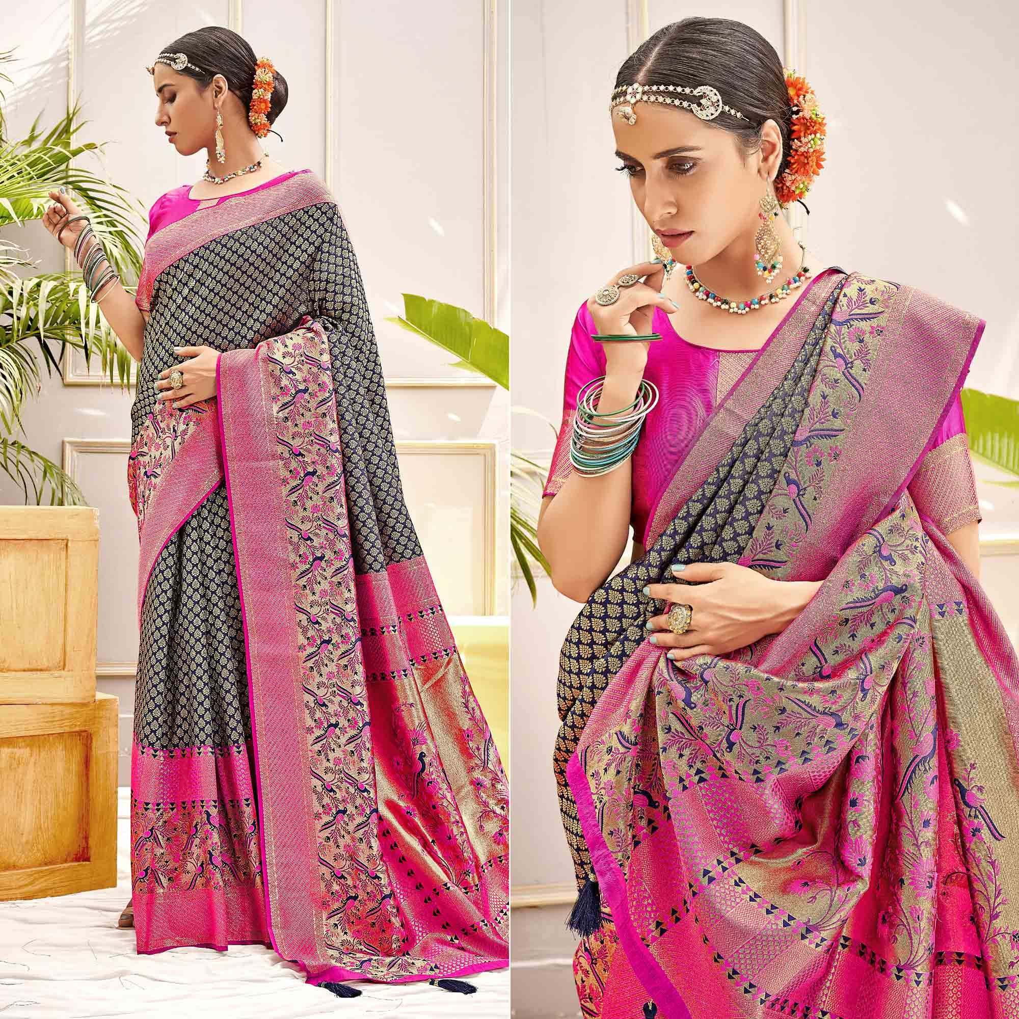 Navy Blue Woven Art Silk Saree - Peachmode