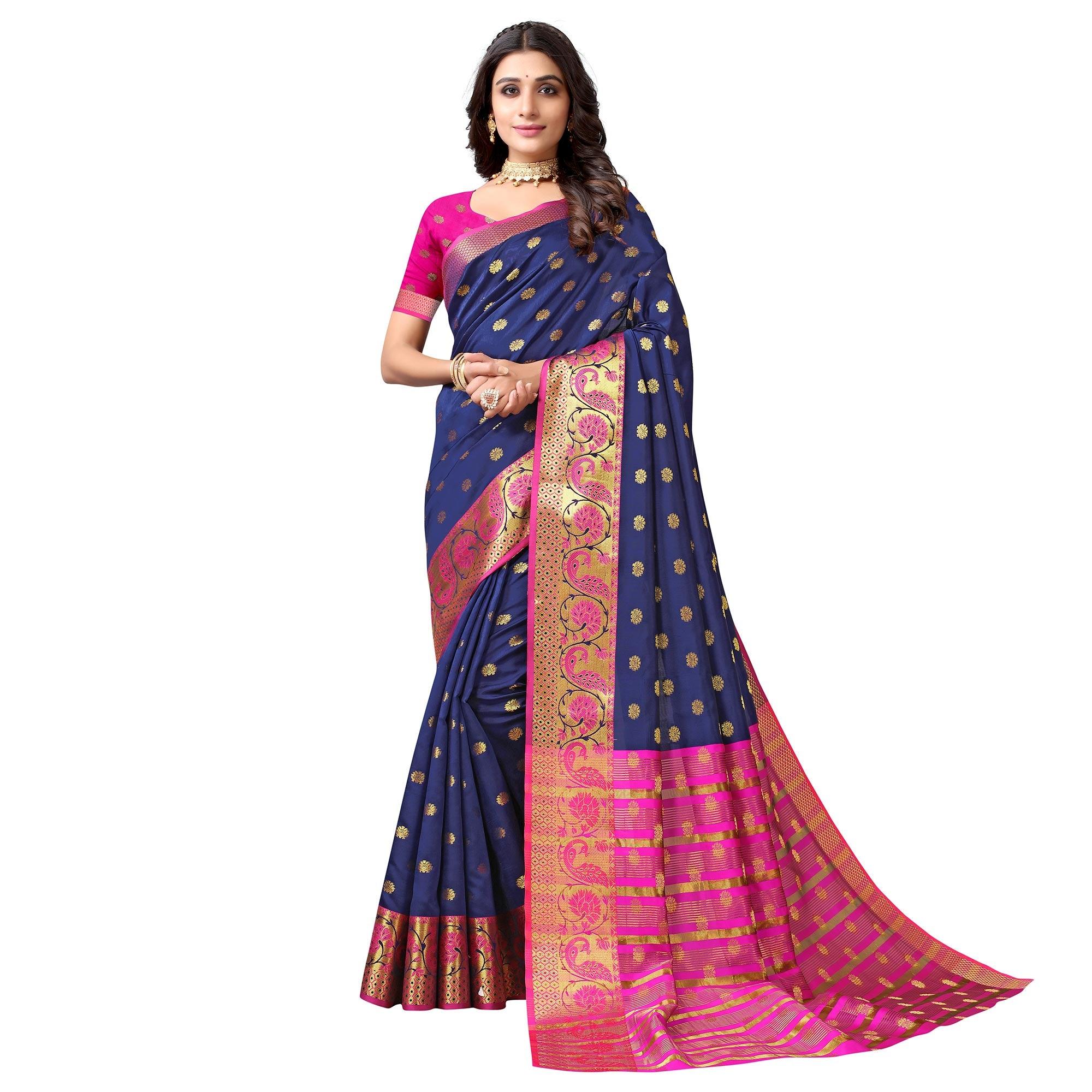 Navy Blue Woven Art Silk Saree - Peachmode