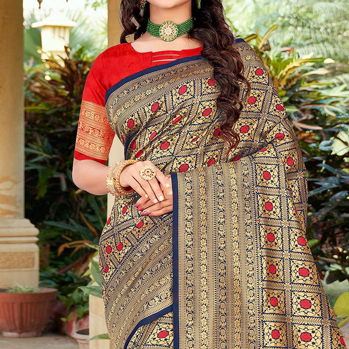 Navy Blue Woven Art Silk Saree - Peachmode