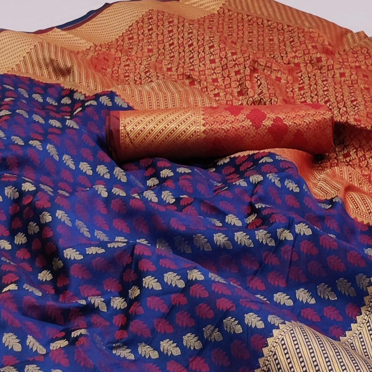 Navy Blue Woven Art Silk Saree - Peachmode